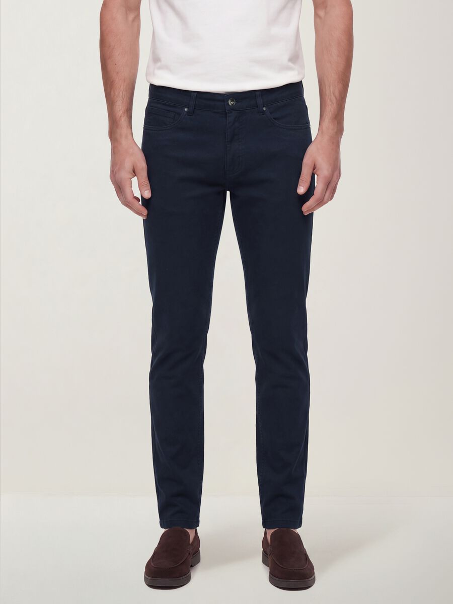 Blue slim-fit stretch cotton twill trousers_1