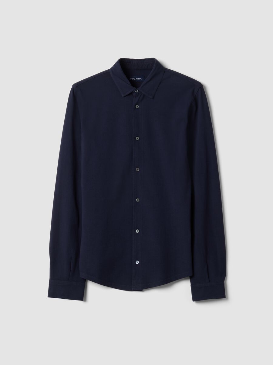 Blue long-sleeve pure cotton piqu&eacute; polo shirt, regular fit_0
