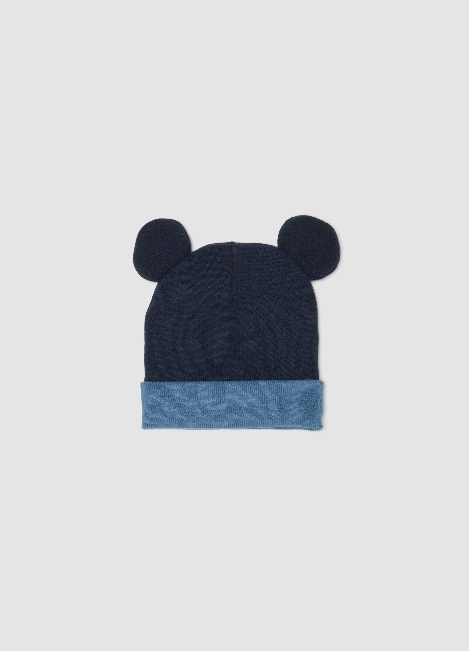 Dunkelblaue M&uuml;tze mit Umschlag, applizierten Ohren und Mickey-Print