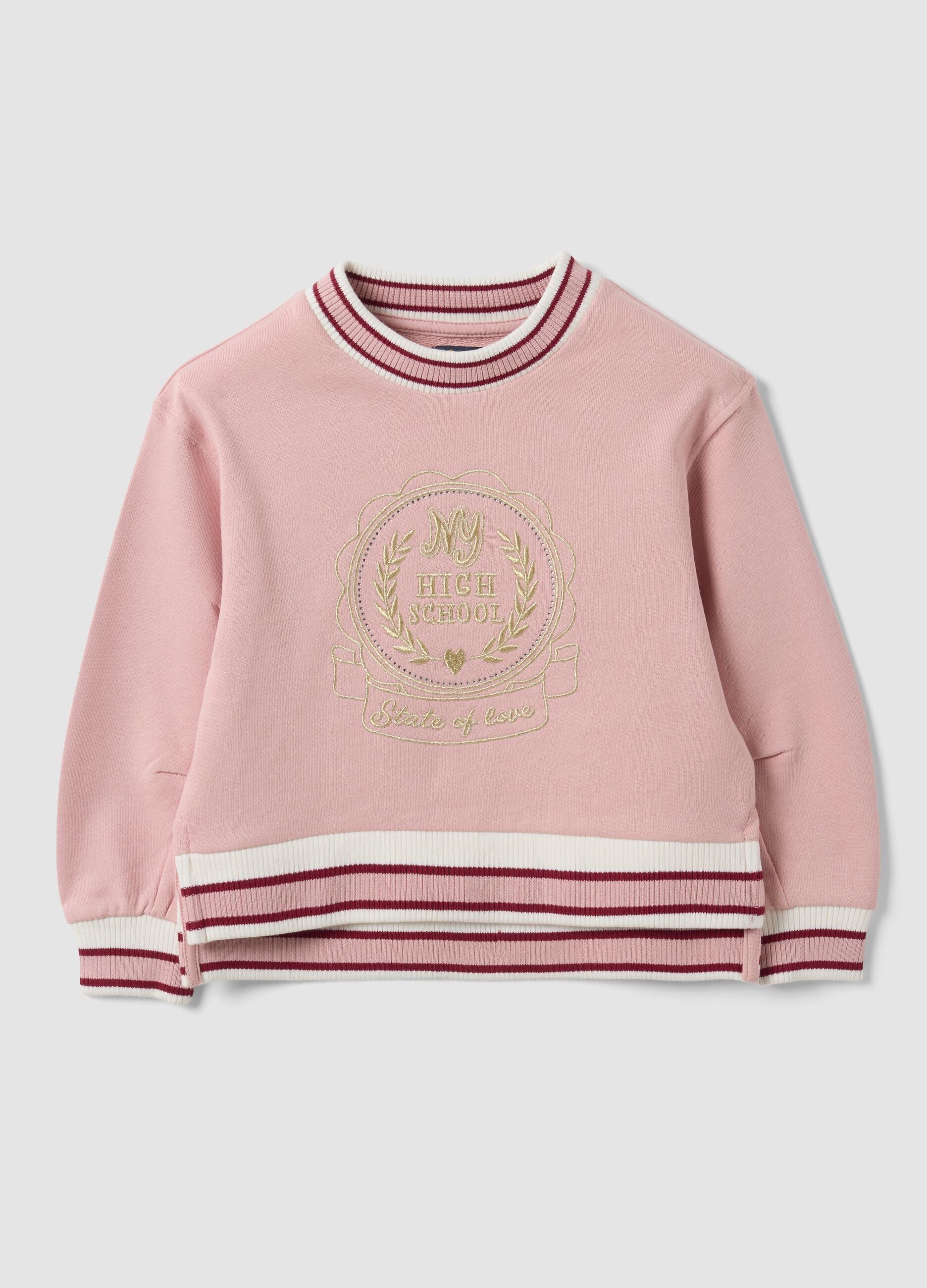 Felpa rosa in puro cotone con girocollo e ricamo frontale per bambina