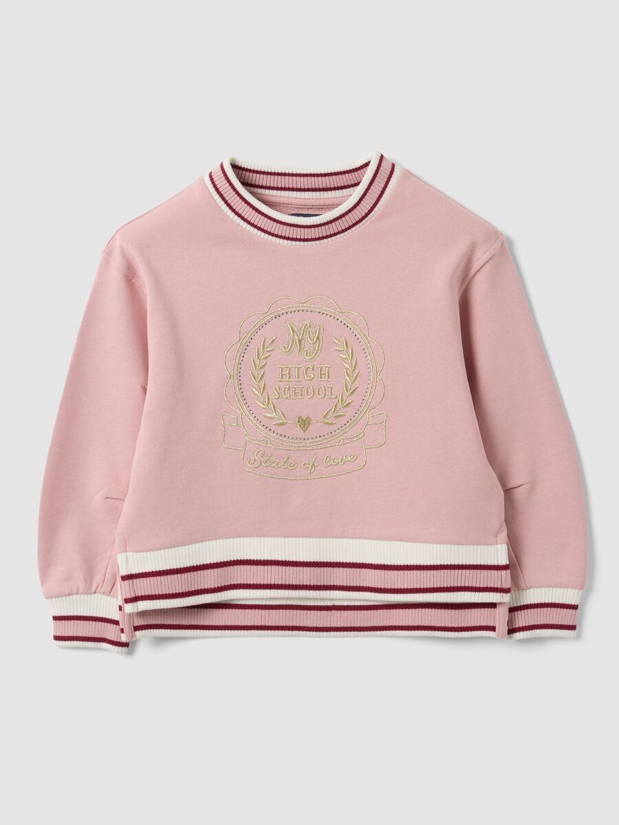 Felpa rosa in puro cotone con girocollo e ricamo frontale per bambina_0