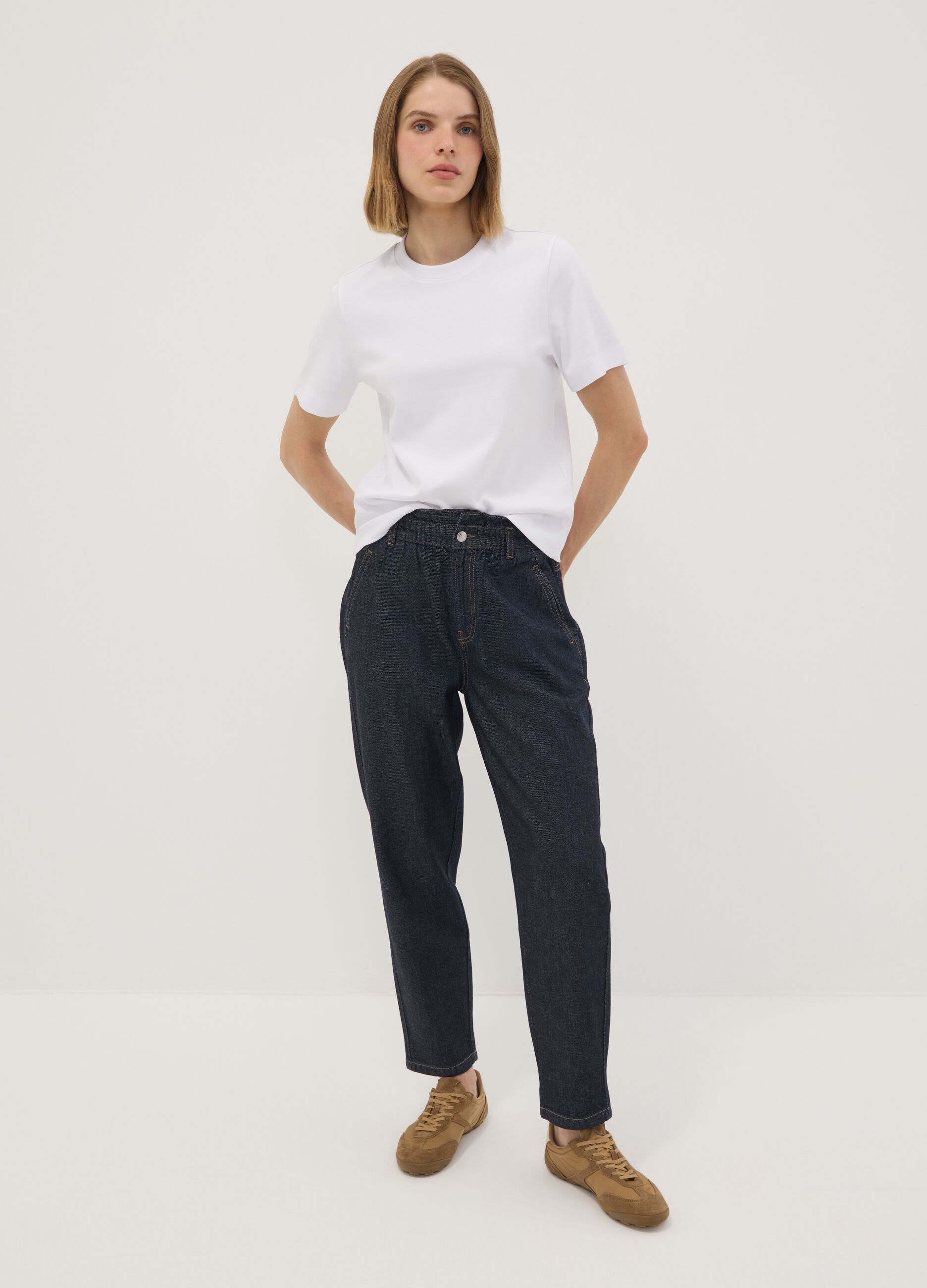 Blue denim baggy-fit pure cotton jeans with paper-bag waist