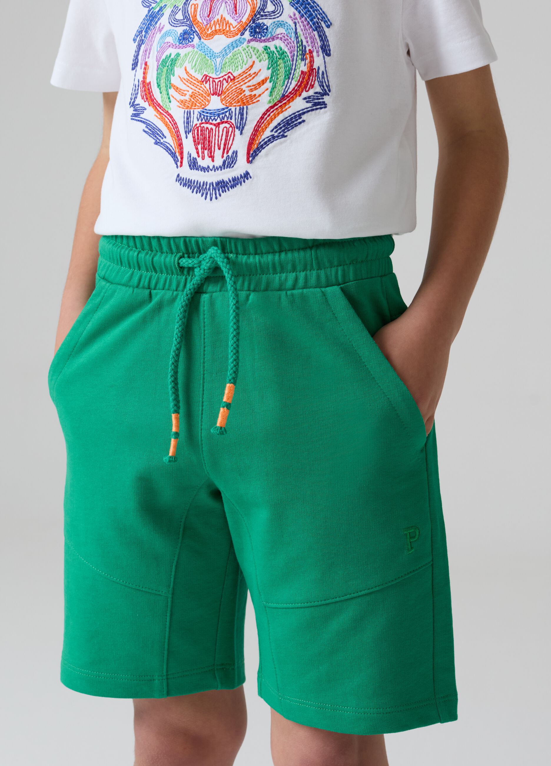 Fleece Bermuda shorts with logo embroidery and drawstring