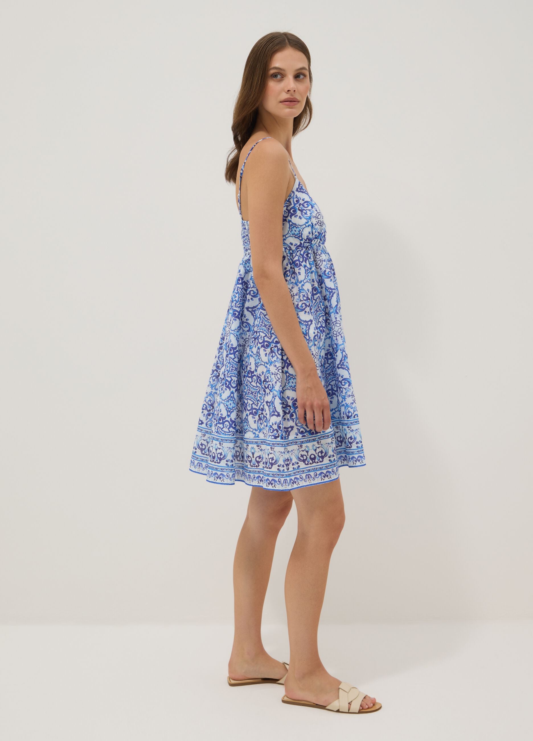 Blue pure cotton slip dress with all-over print