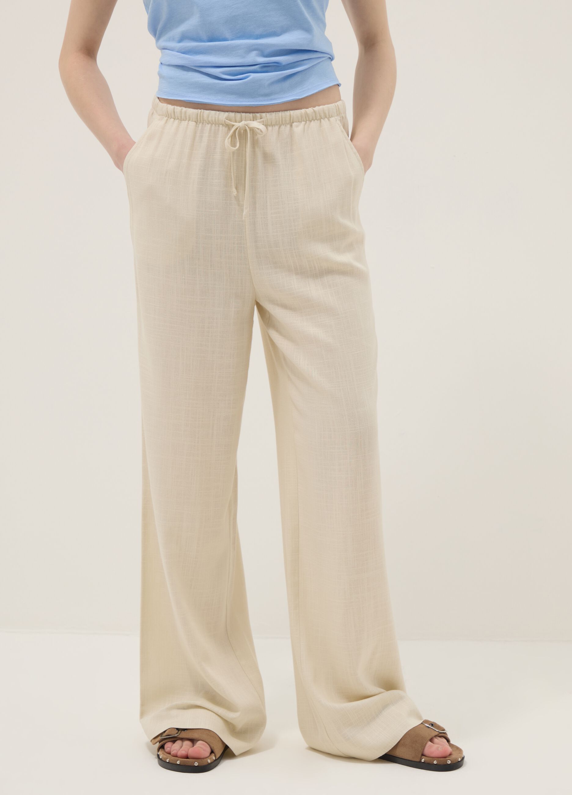 Beige viscose and linen-blend relaxed-fit jogger trousers