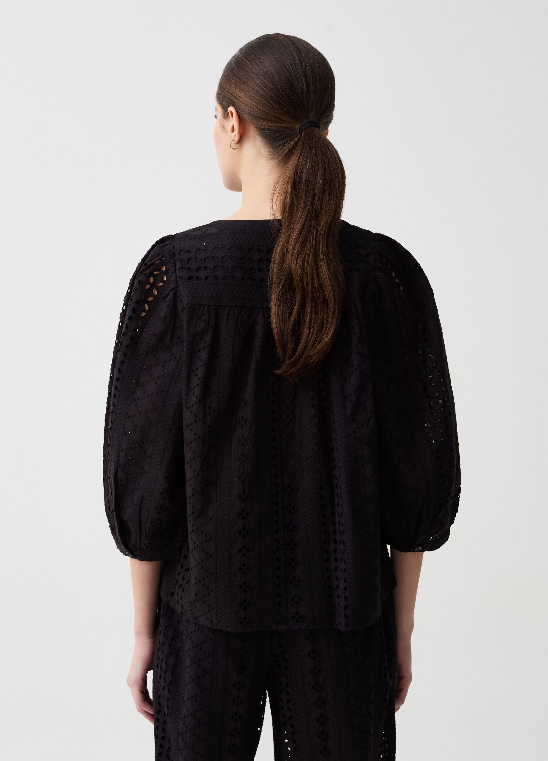 Blouse in broderie anglaise lace with three-quarter sleeves