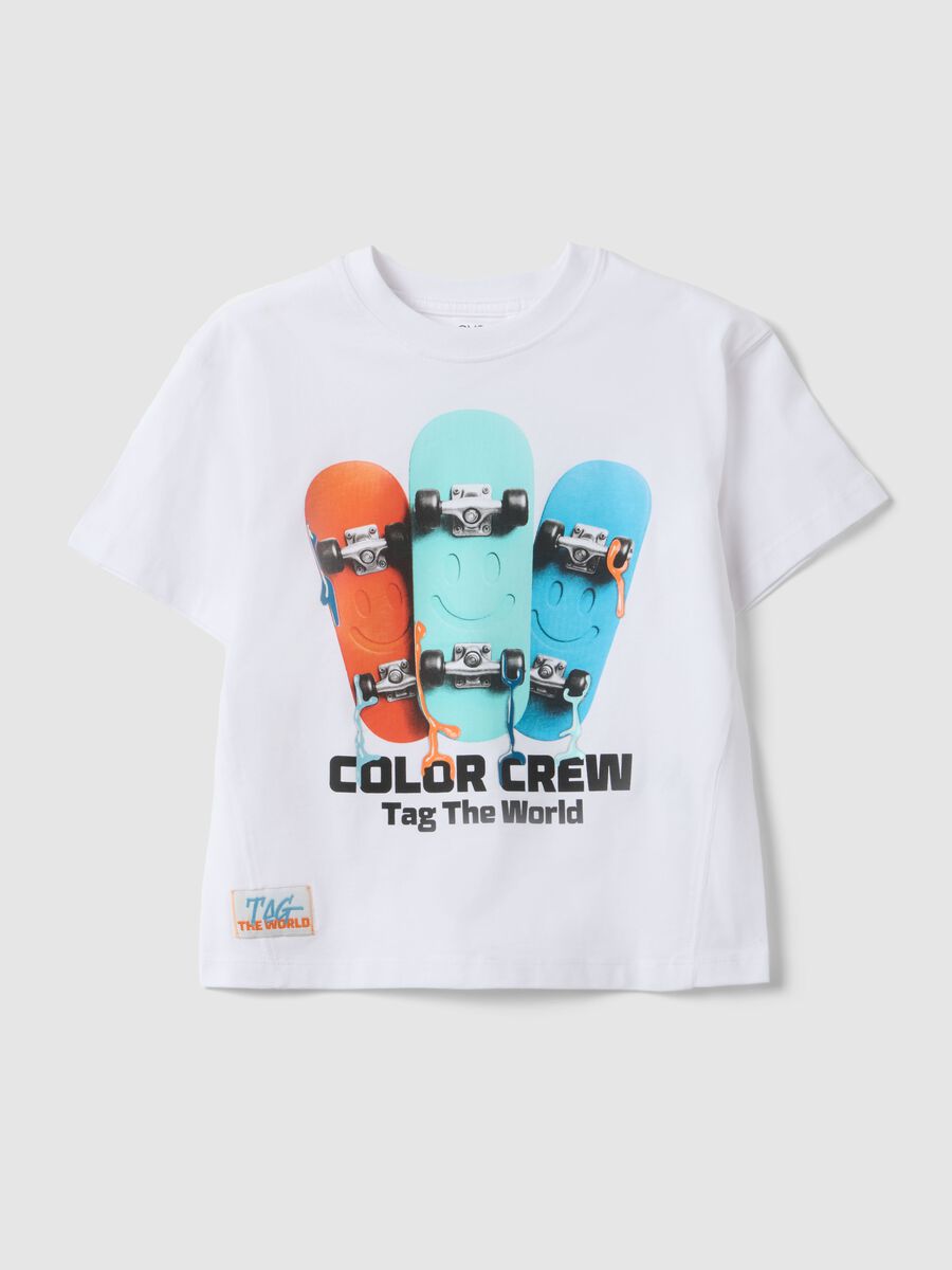 Boys' regular fit pure white cotton T-shirt with skateboard design_0