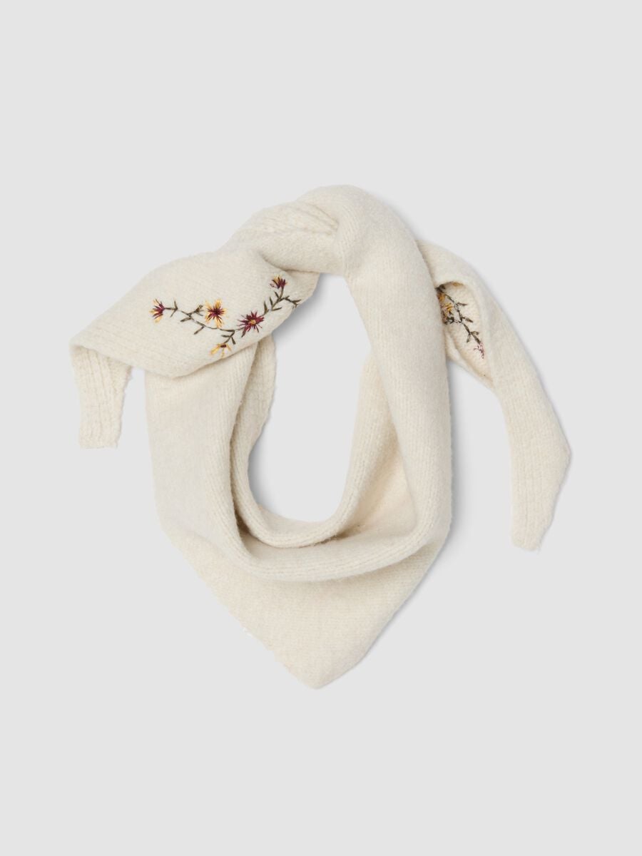 White stretch-fabric scarf with floral embroidery_0