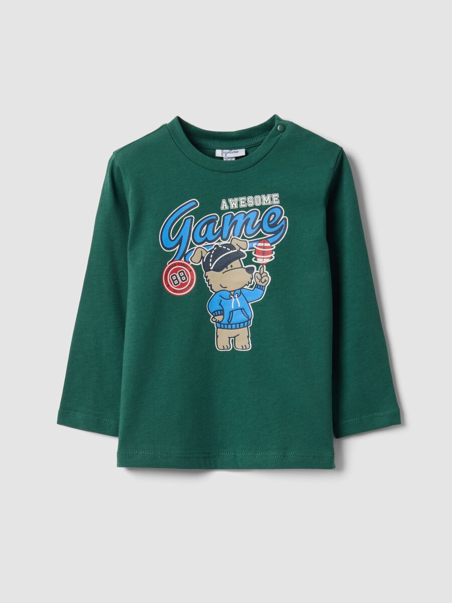 T-shirt verde in puro cotone organico con stampa cagnolino per bimbo_0