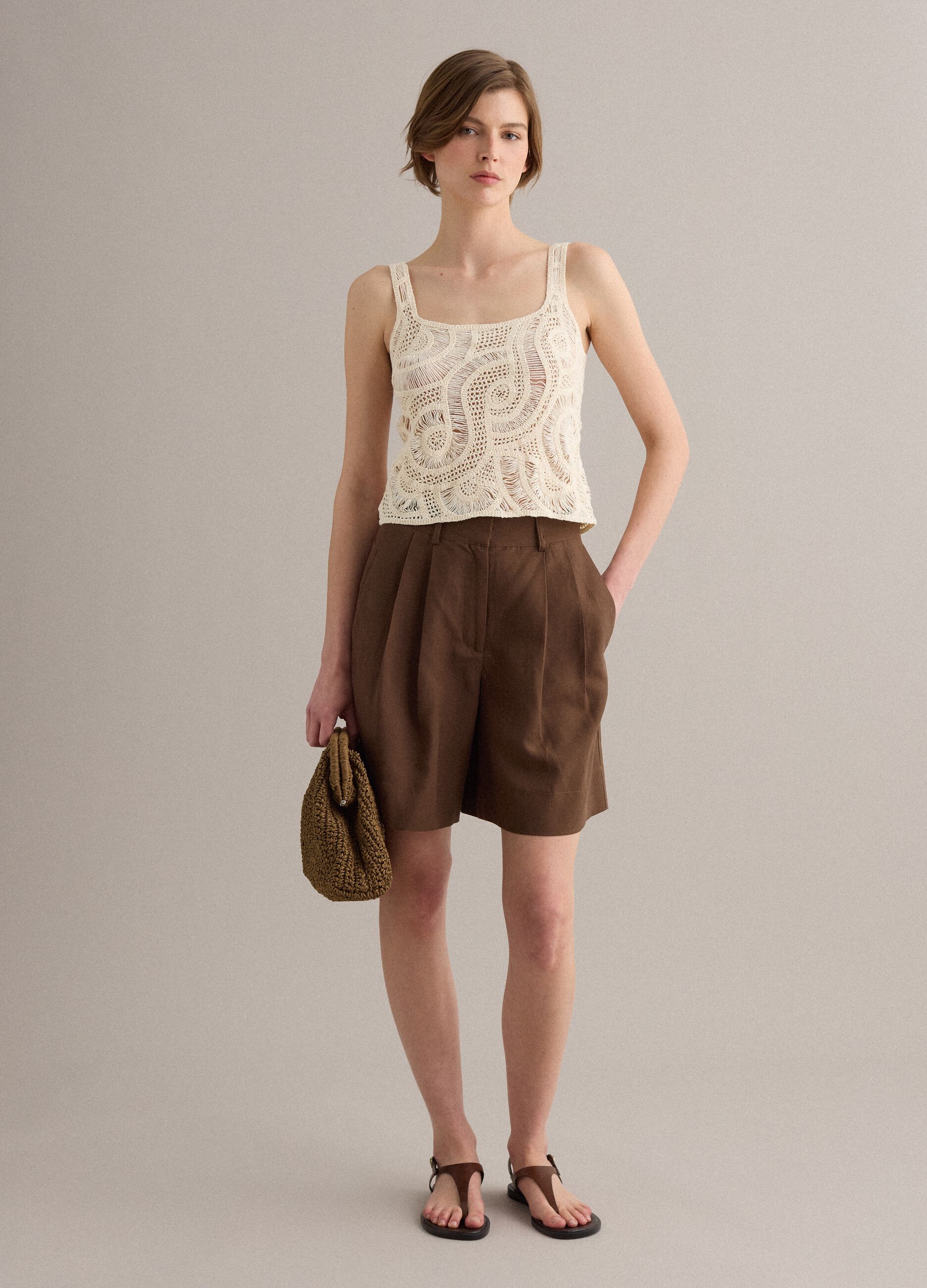 Beige crochet cotton-blend tank top