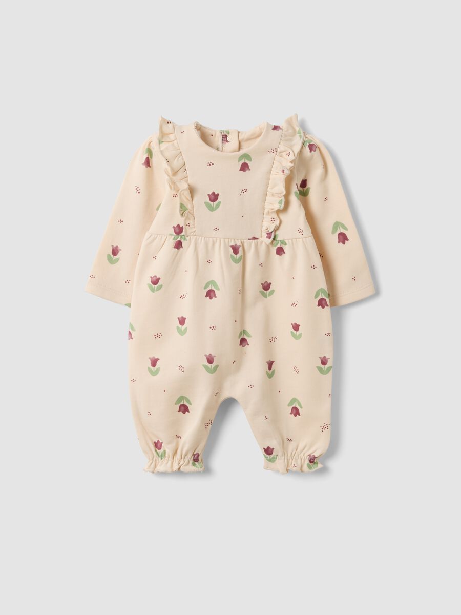 Tutina beige in puro cotone organico con stampa floreale per neonata_0