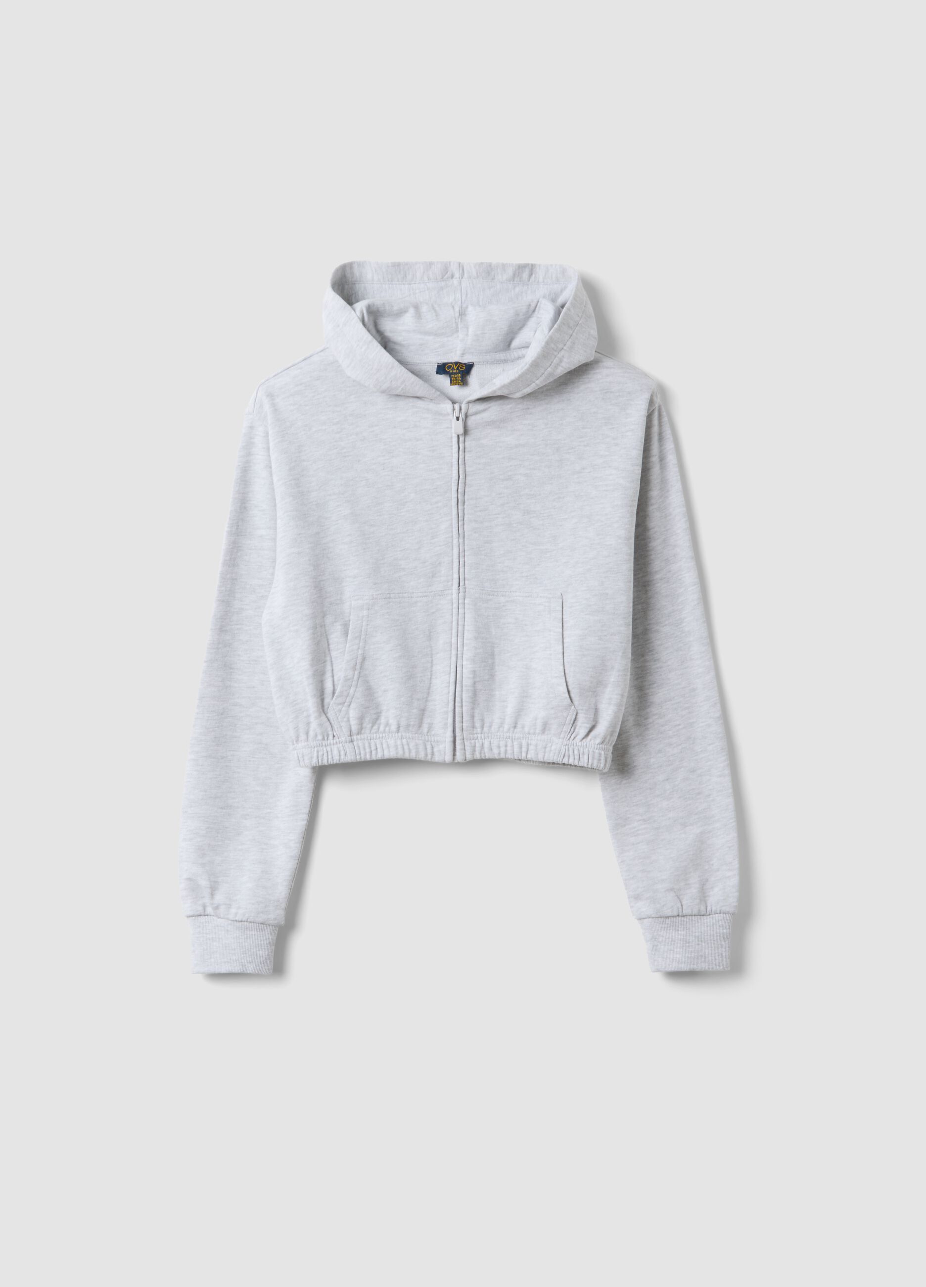 Girls&rsquo; short grey pure cotton hoodie with crew neck