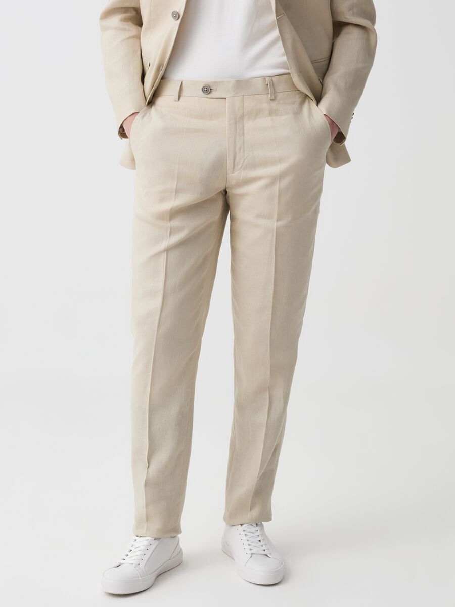 Pantalón slim fit de lino color liso_1