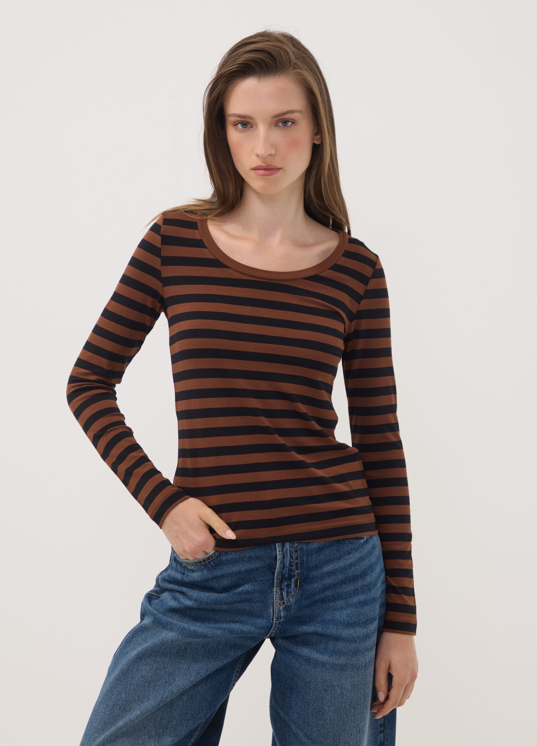 Brown slim-fit striped stretch viscose crew-neck T-shirt