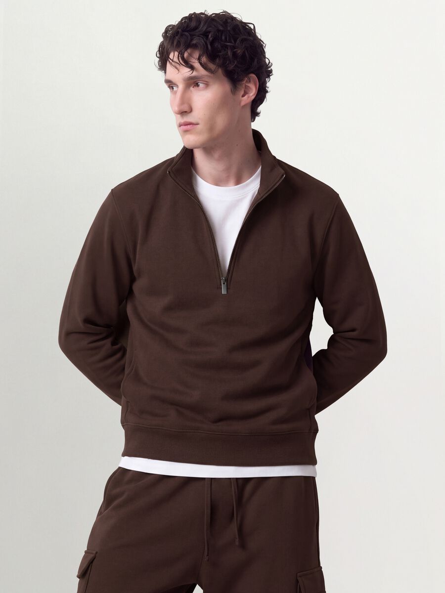Brown half-zip cotton-blend crew neck_0