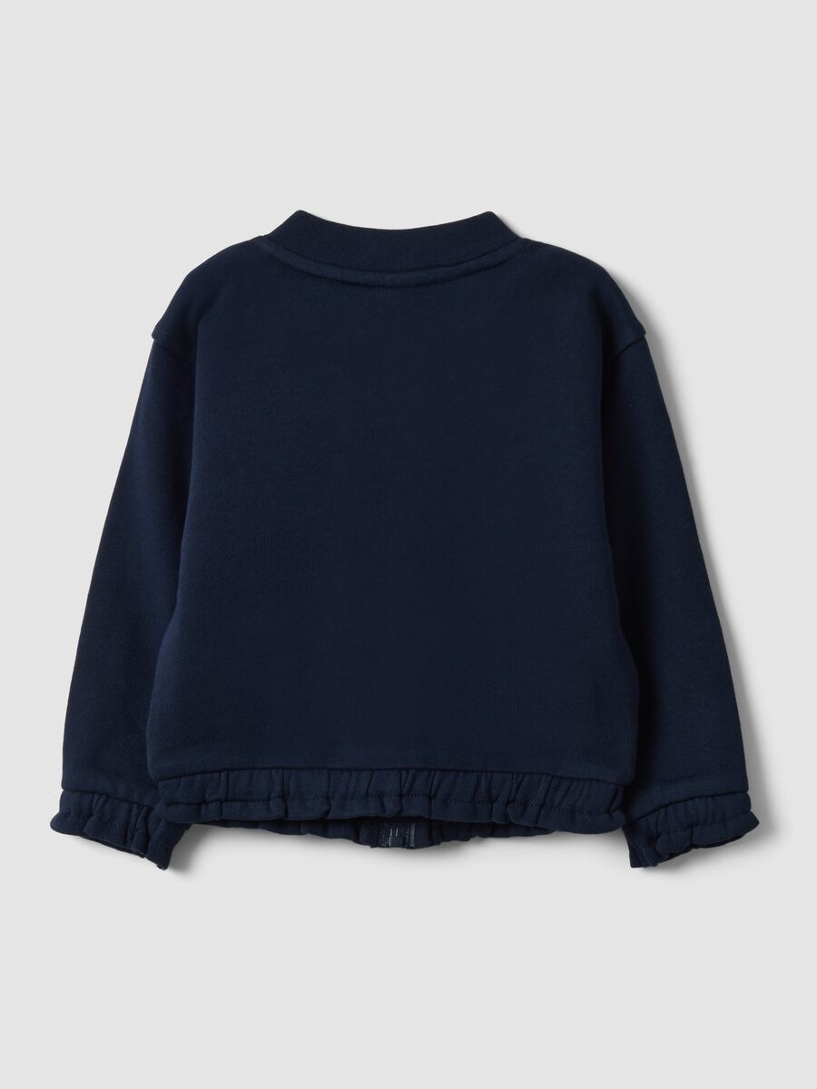 Blue pure cotton sweatshirt with crew neck, zip and teddy bear detail for baby girl_1