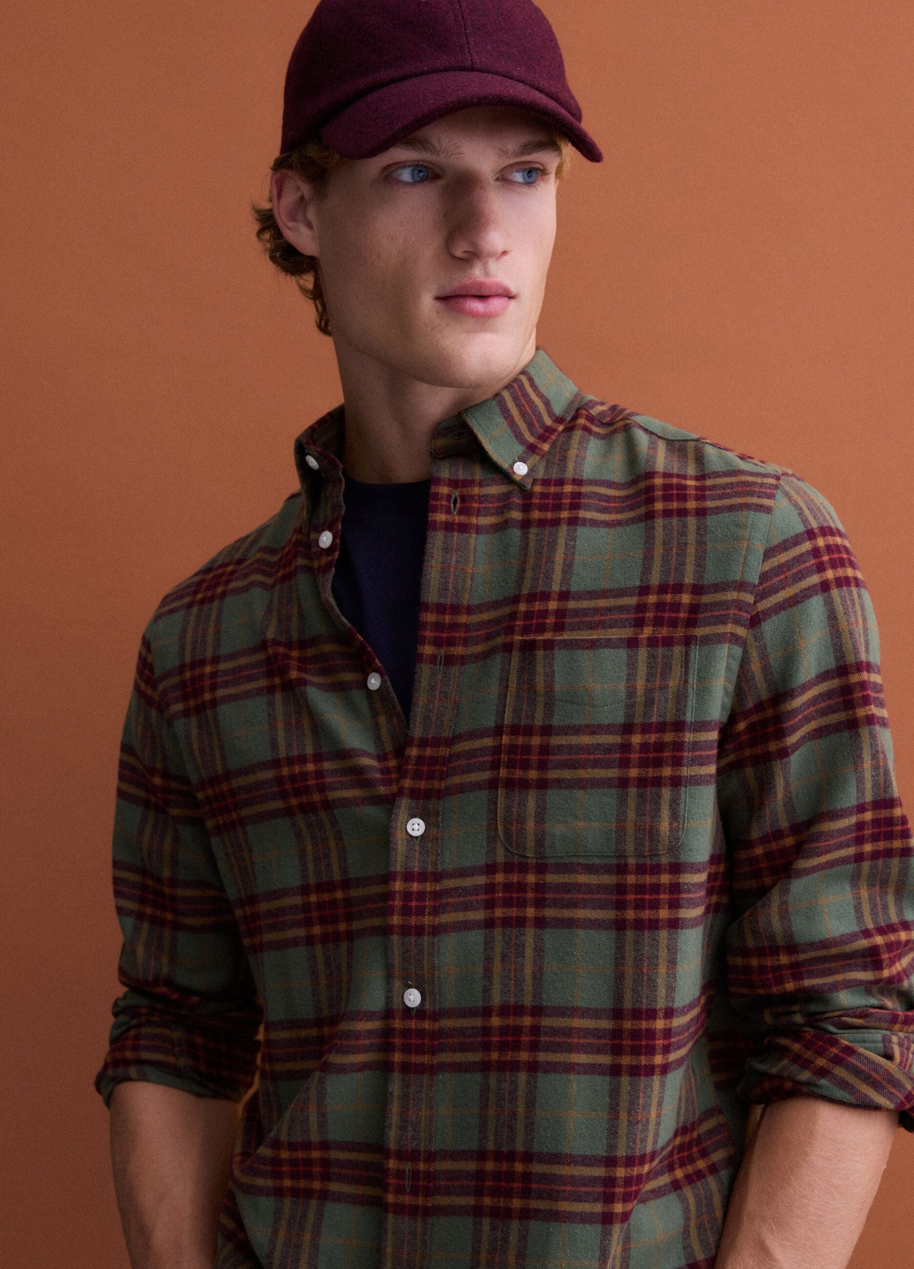 Green and yellow checked pure cotton flannel shirt, regular fit