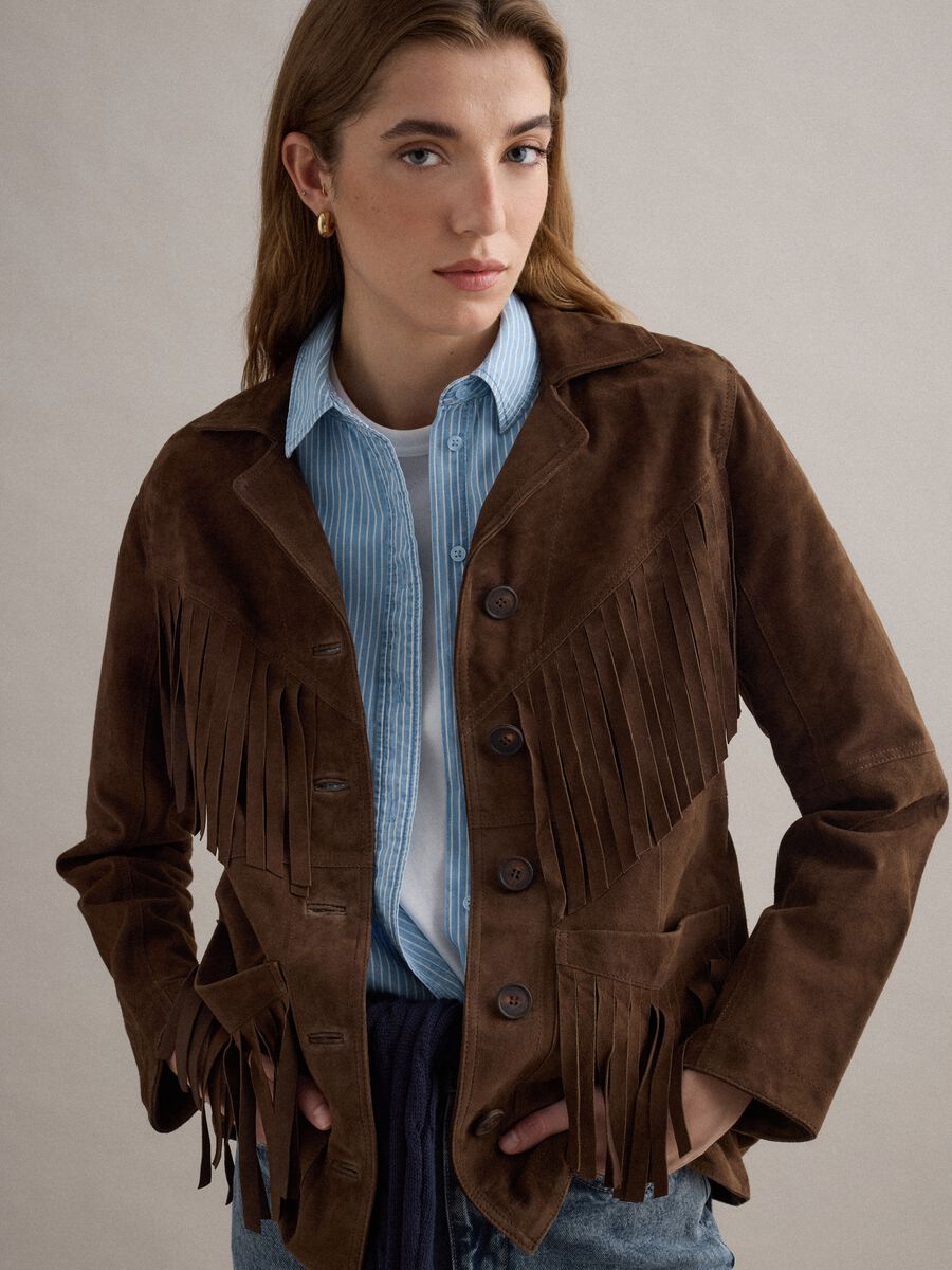 Brown genuine leather jacket with fringes_2