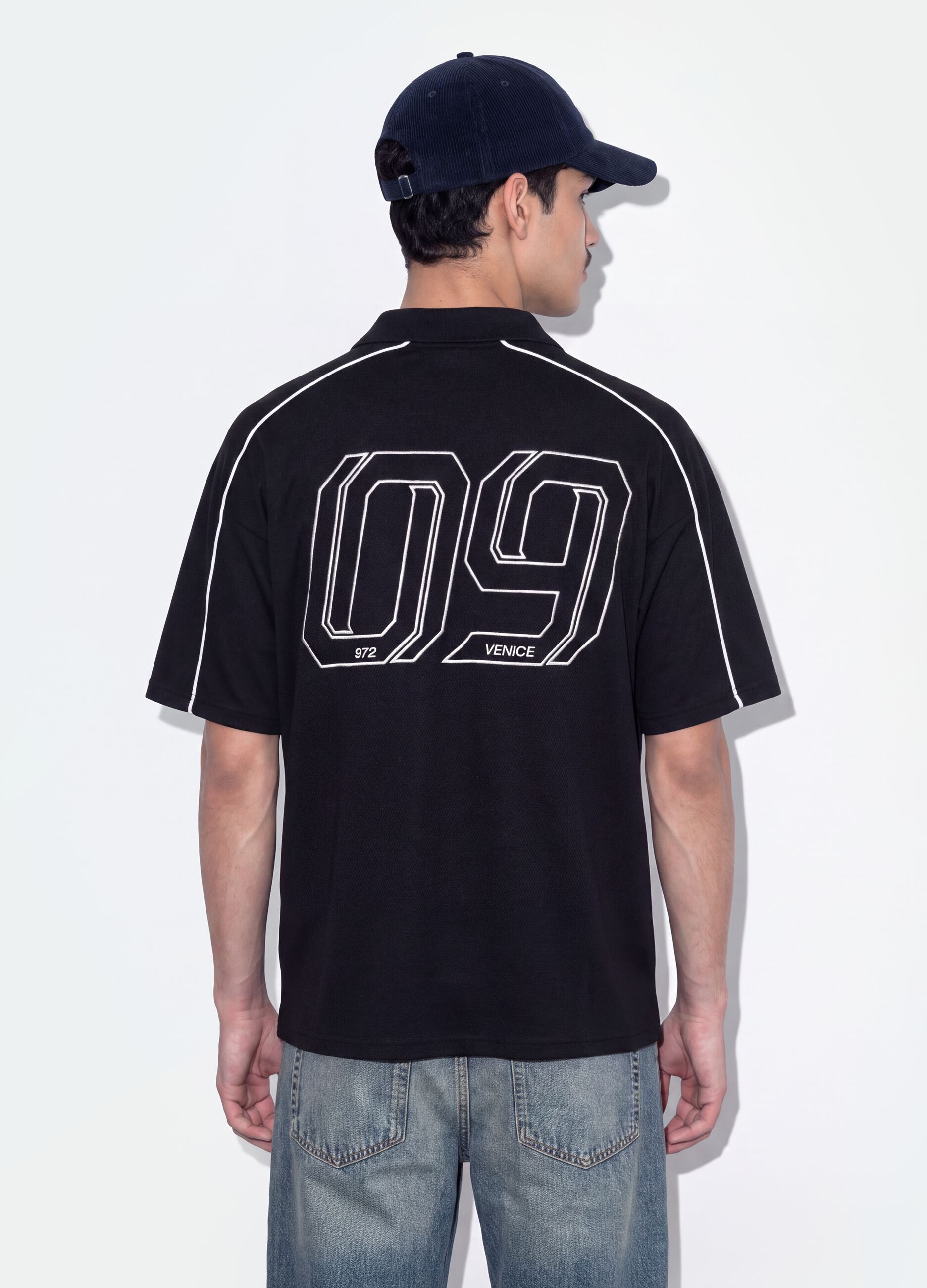 Black pure cotton oversized short-sleeve polo shirt