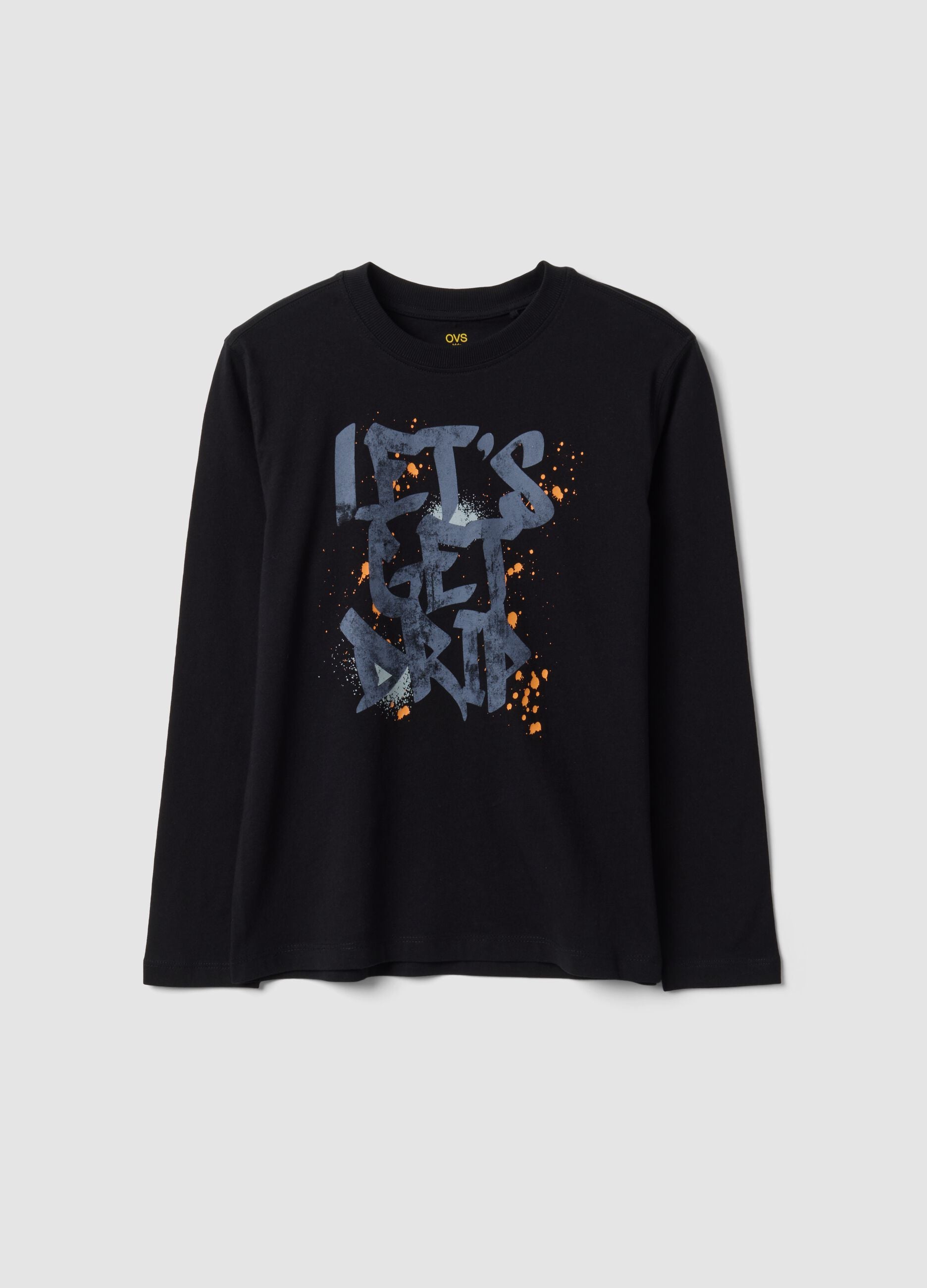 Black organic cotton T-shirt with "Let's get drip" slogan for boys