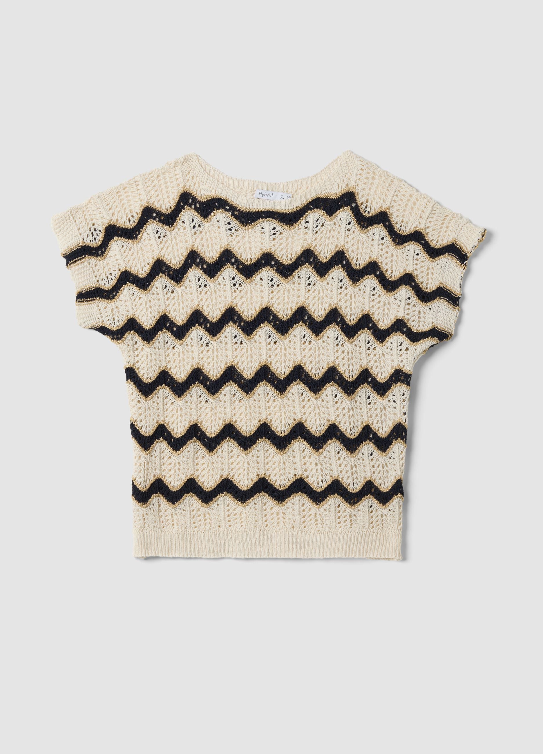 Beiges T-Shirt aus elastischer Baumwolle mit Lochstrickmuster