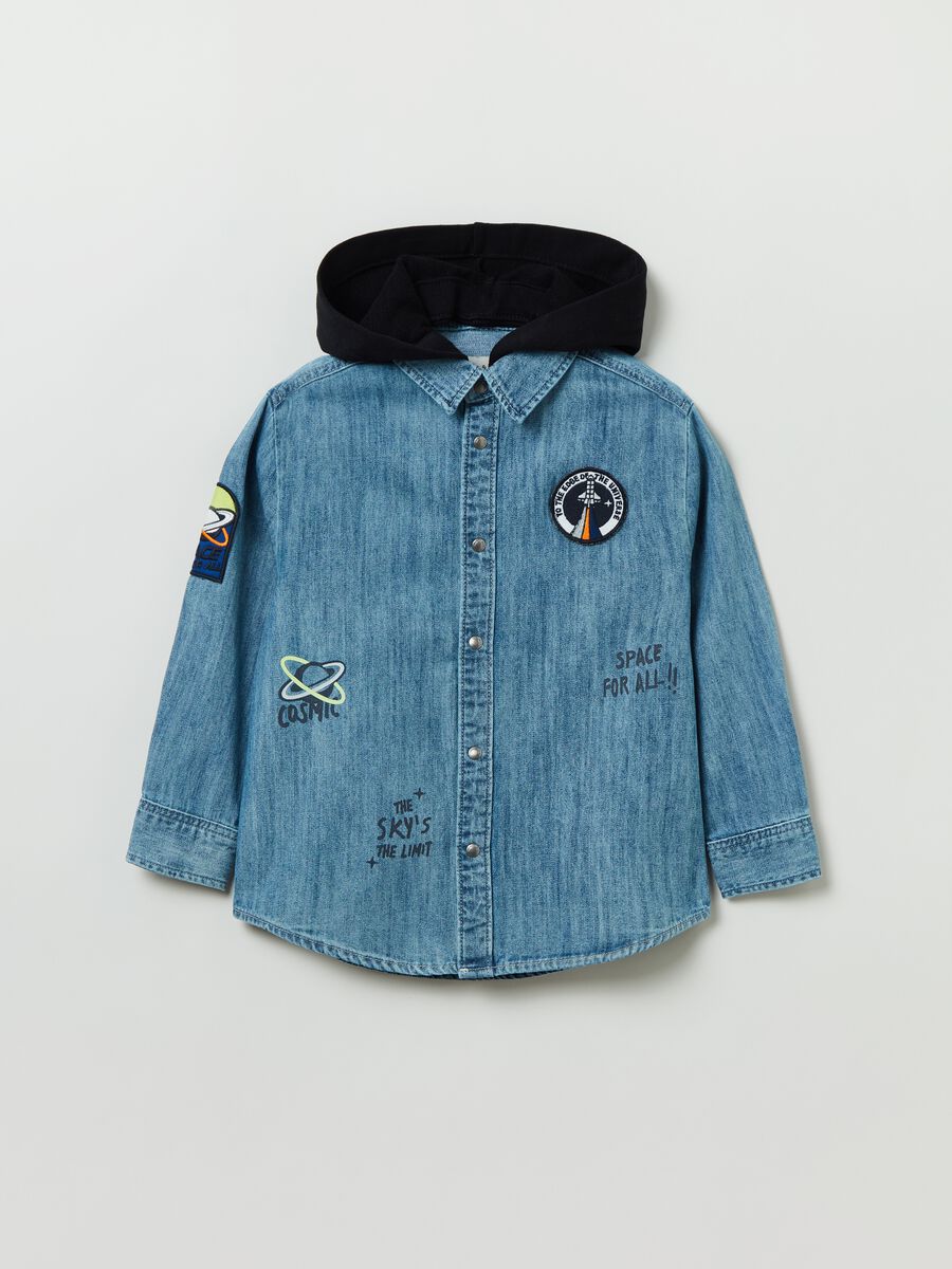 Denim shirt with hood and patches_0