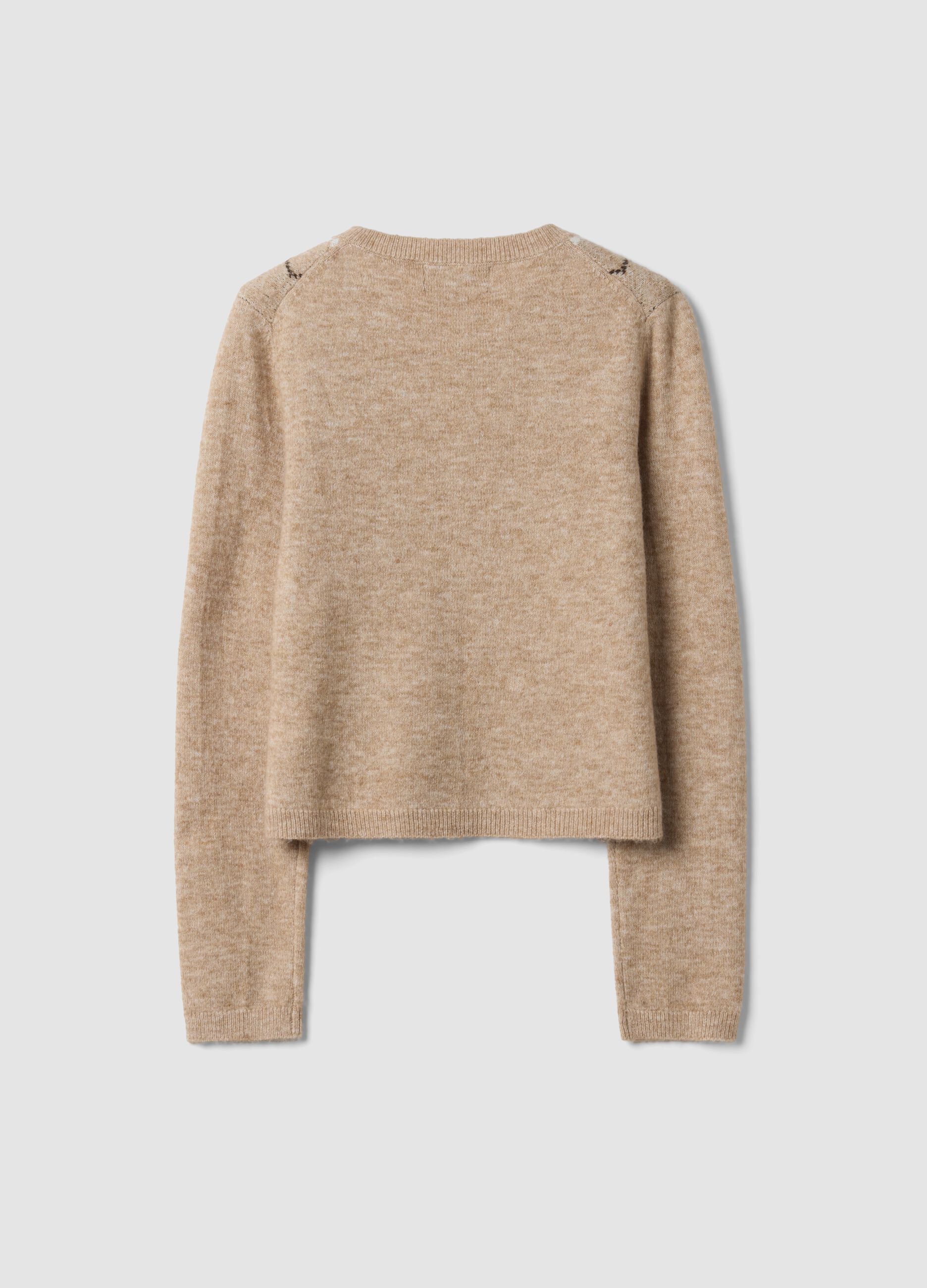 Beige jacquard stretch wool crew-neck cardigan, regular fit