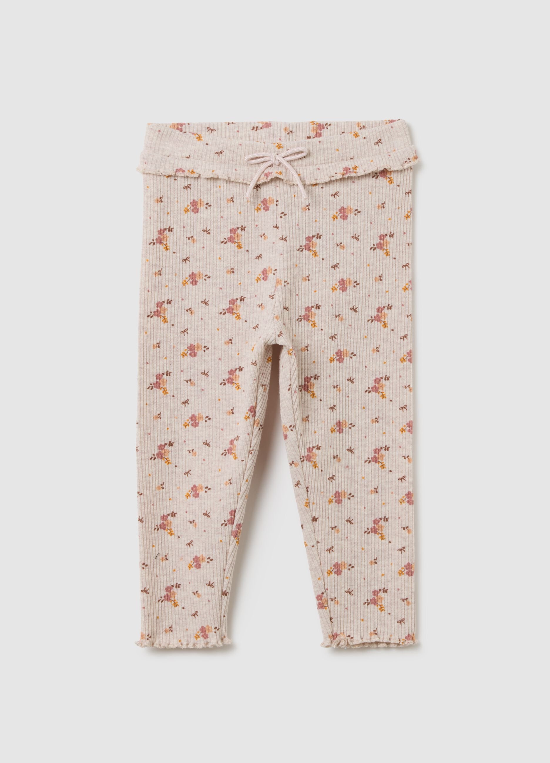 Beige Cotton Blend Floral Girl's Leggings