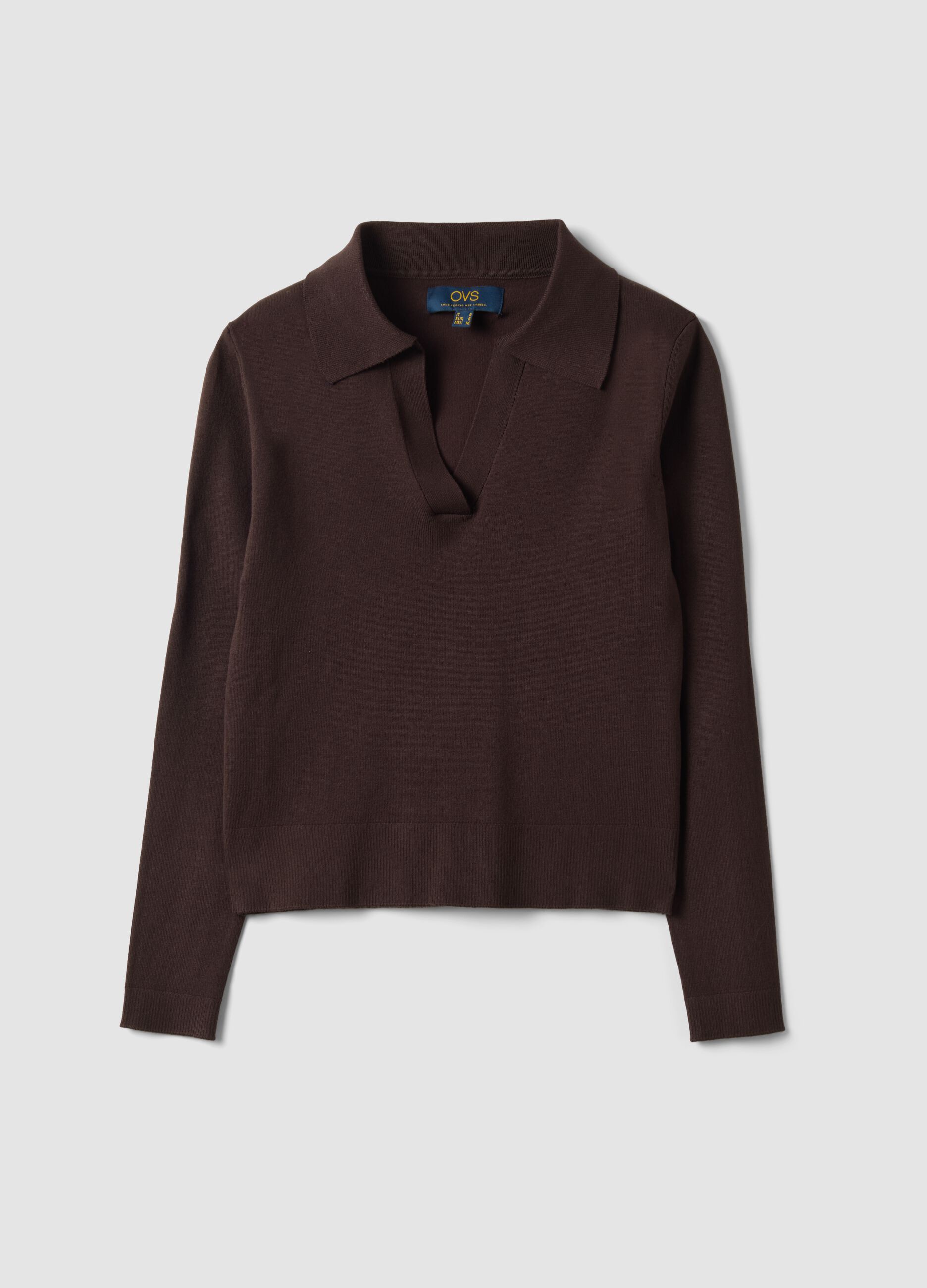 Brown viscose-blend polo-collar jumper, regular fit