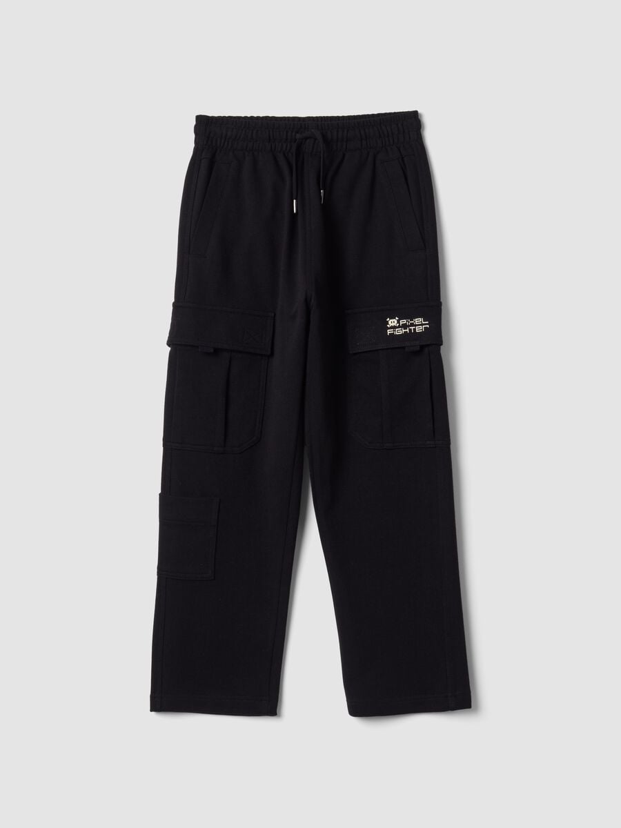 Black pure cotton cargo trousers with elasticated waist, oversized fit_0