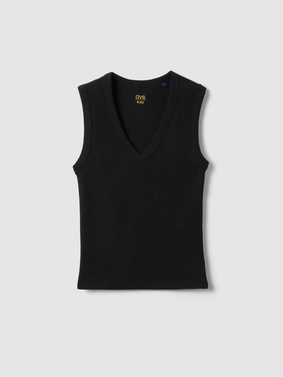 Black pure cotton tank top with V-neck regular fit_4