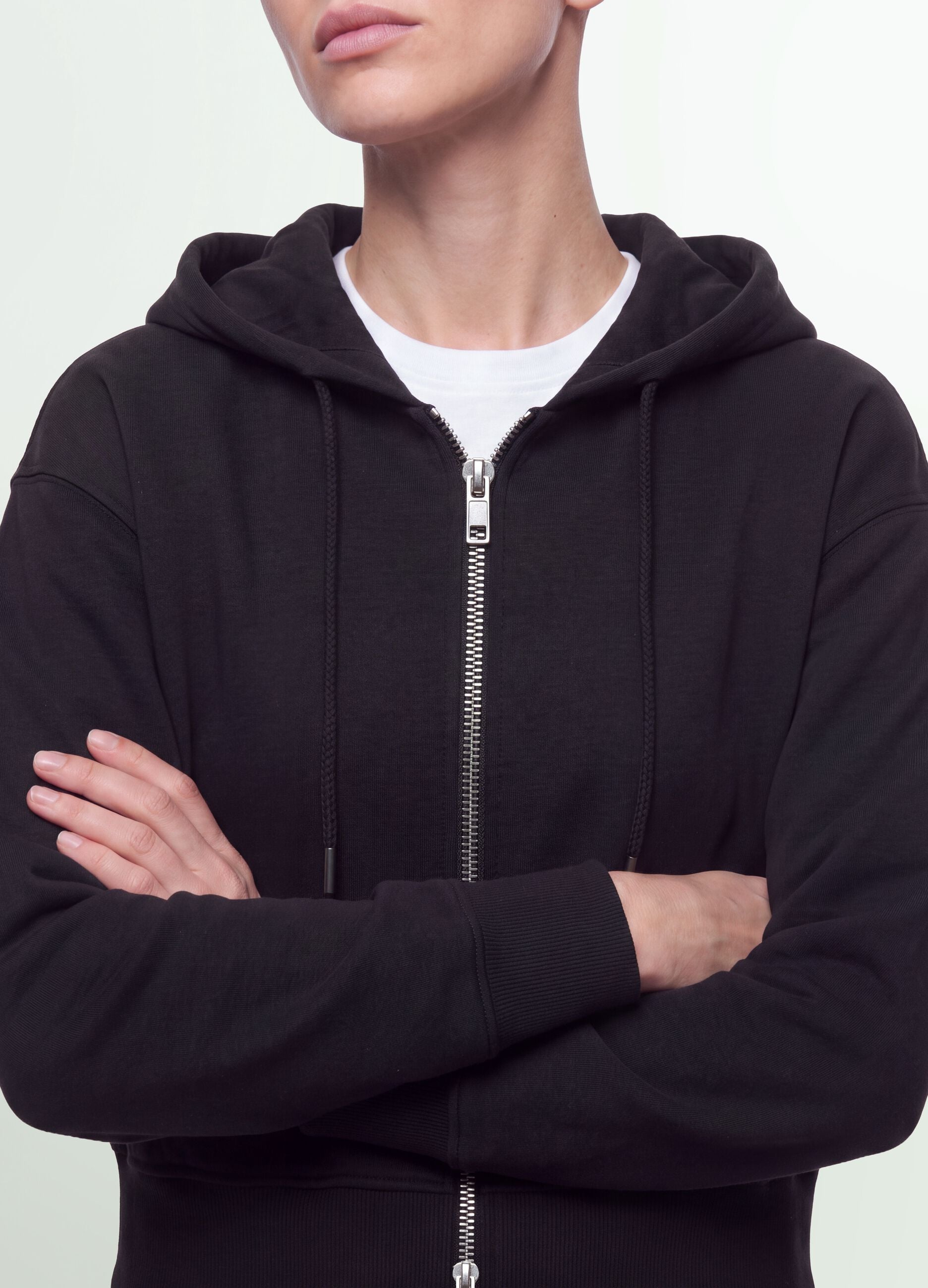 Black cotton-blend full-zip fitted hoodie