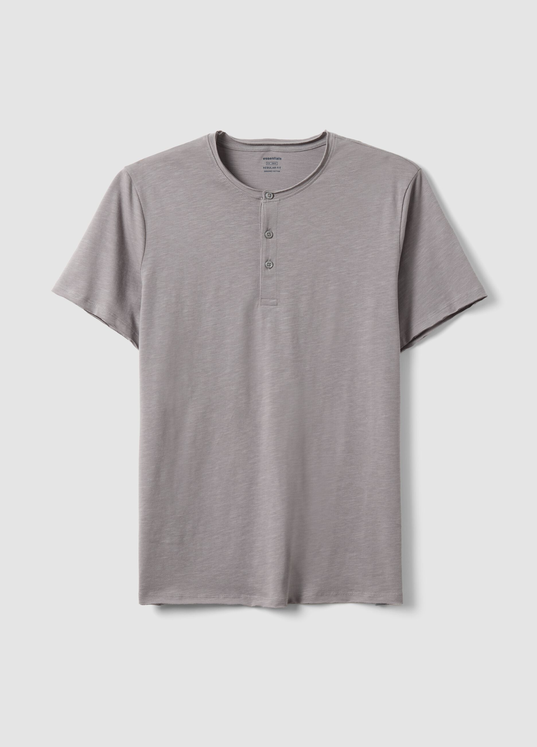 Graues T-Shirt aus reiner Baumwolle, regular fit, mit Henley-Kragen
