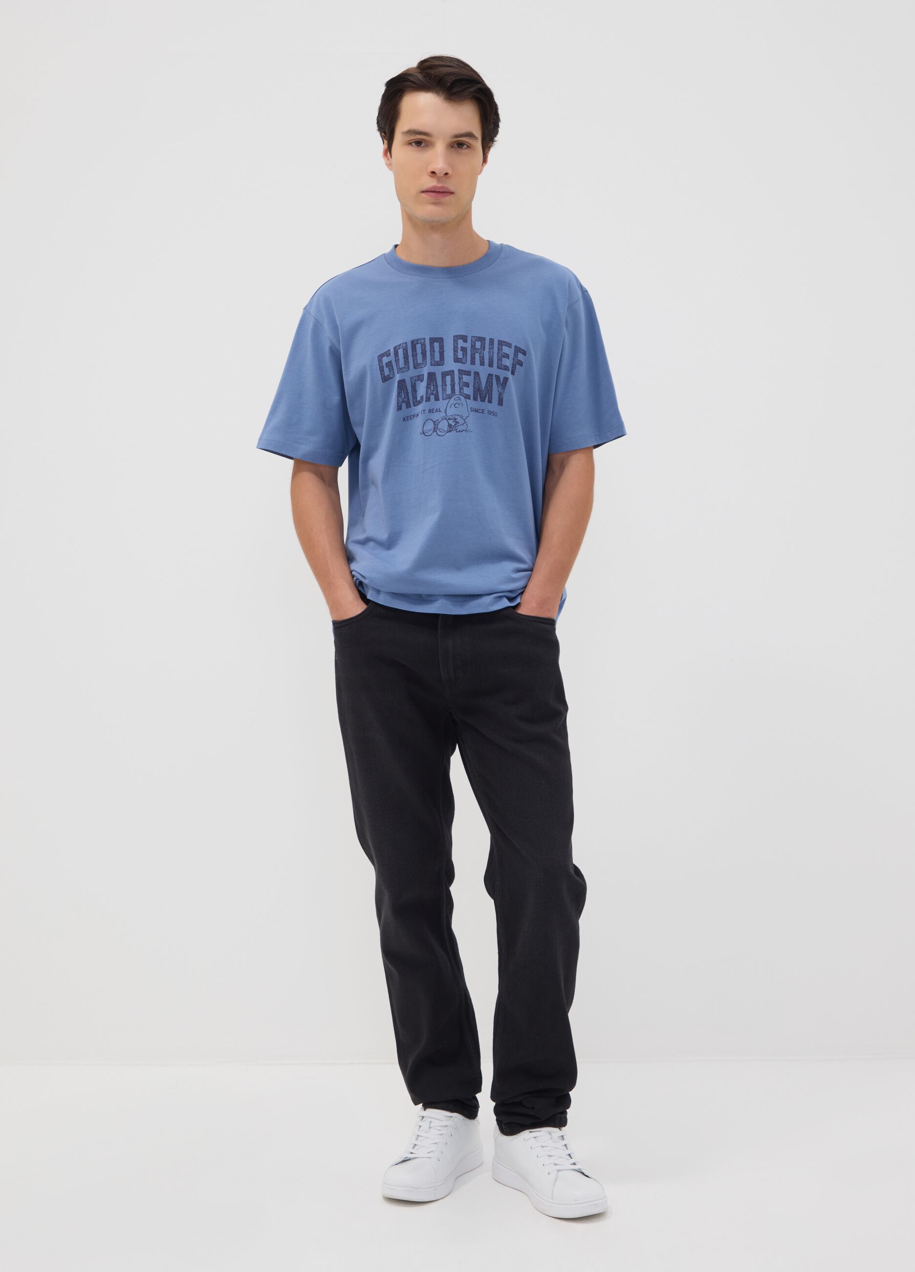Blaues T-Shirt aus reiner Baumwolle mit Peanuts-Print, Relaxed Fit