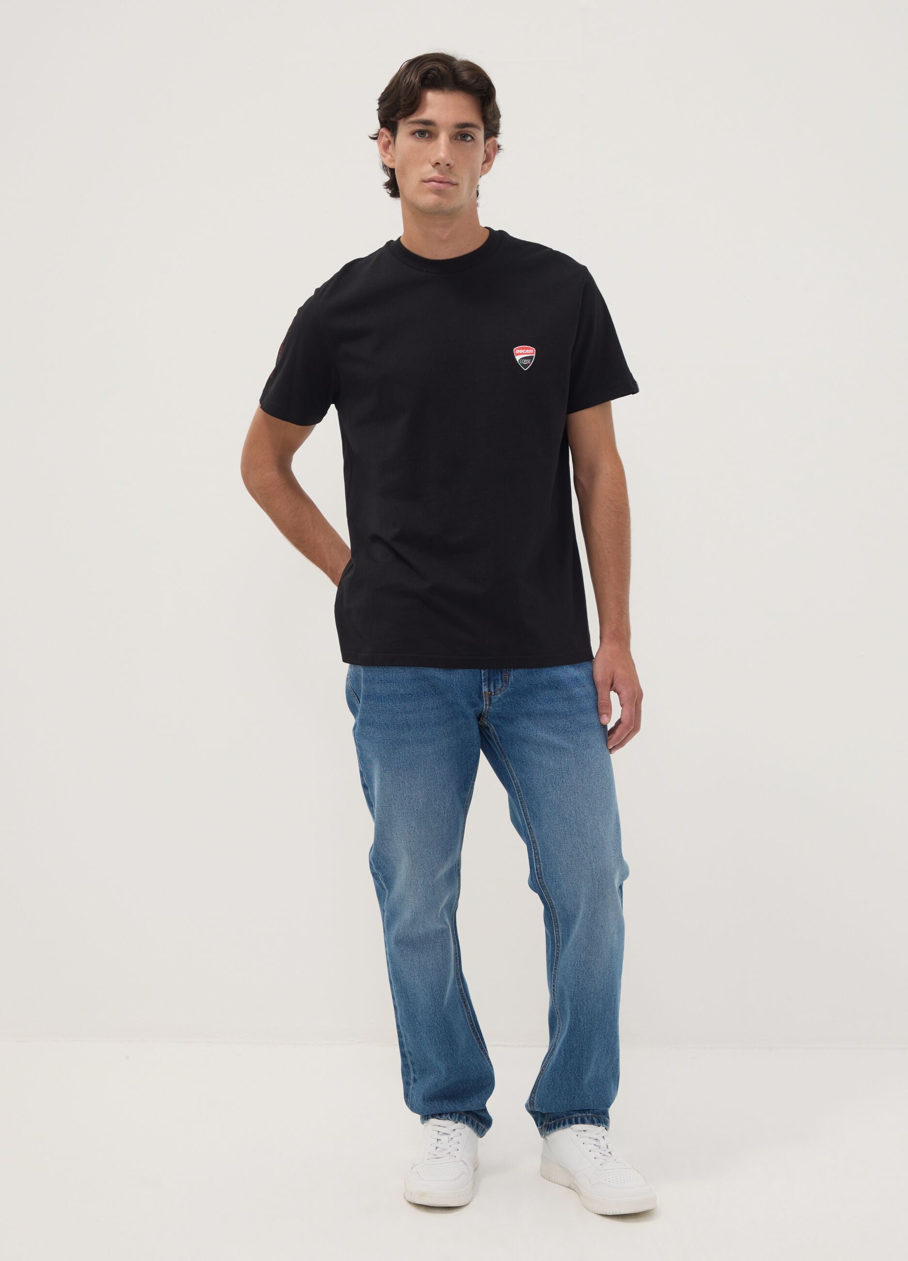 T-shirt preta em algod&atilde;o puro com estampado Ducati, regular fit