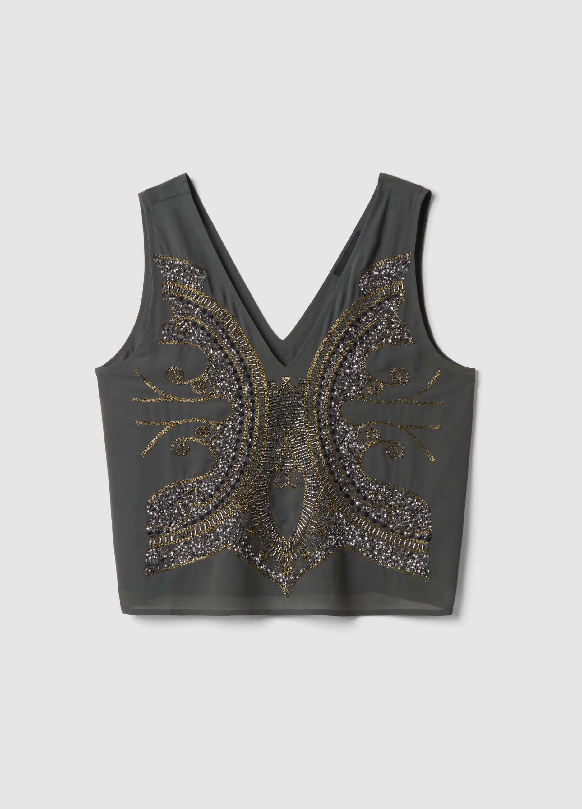 Grey embroidered V-neck top