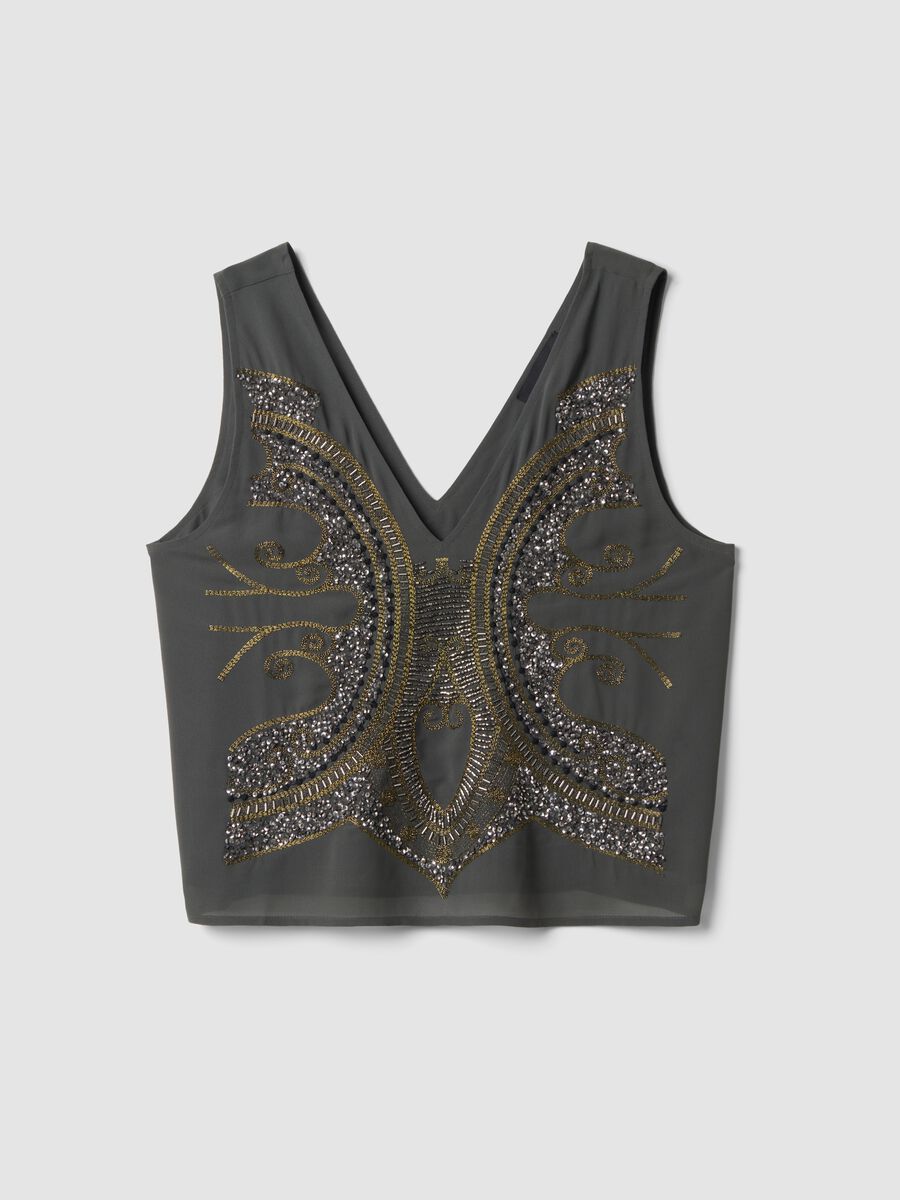 Grey embroidered V-neck top_0