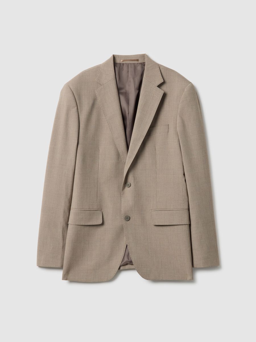 Slim fit beige check cotton blend jacket with lapel_0