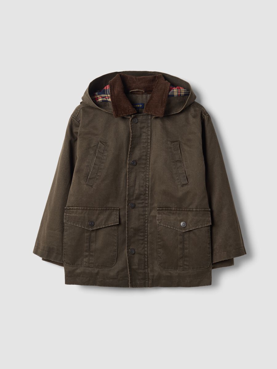 Green water-repellent padded cotton-blend jacket with hood_0