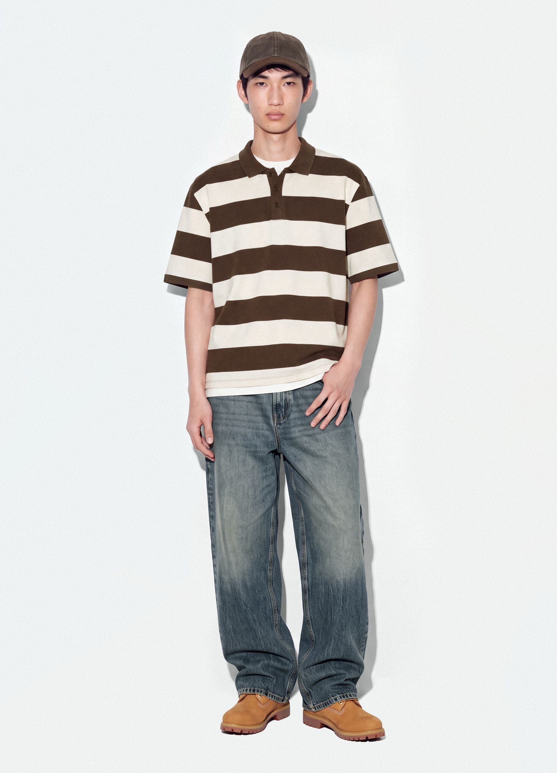 Polo marrone in puro cotone a righe regular fit