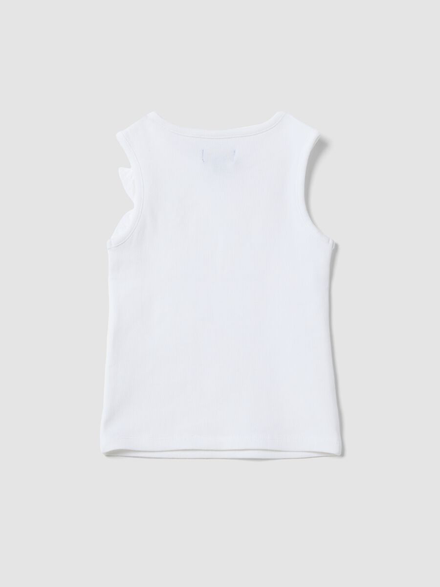 White stretch cotton ribbed tank top with appliqu&eacute; flower for girls, fitted_1