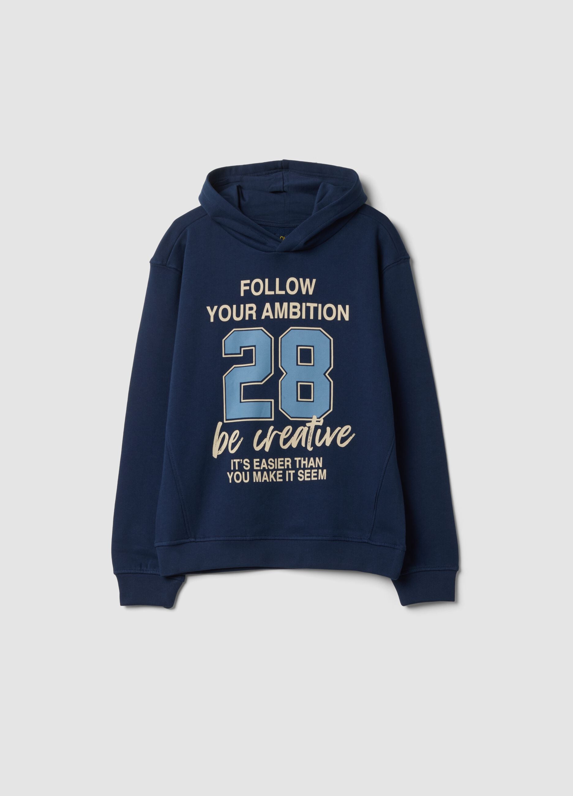 Felpa blu in puro cotone con cappuccio e girocollo