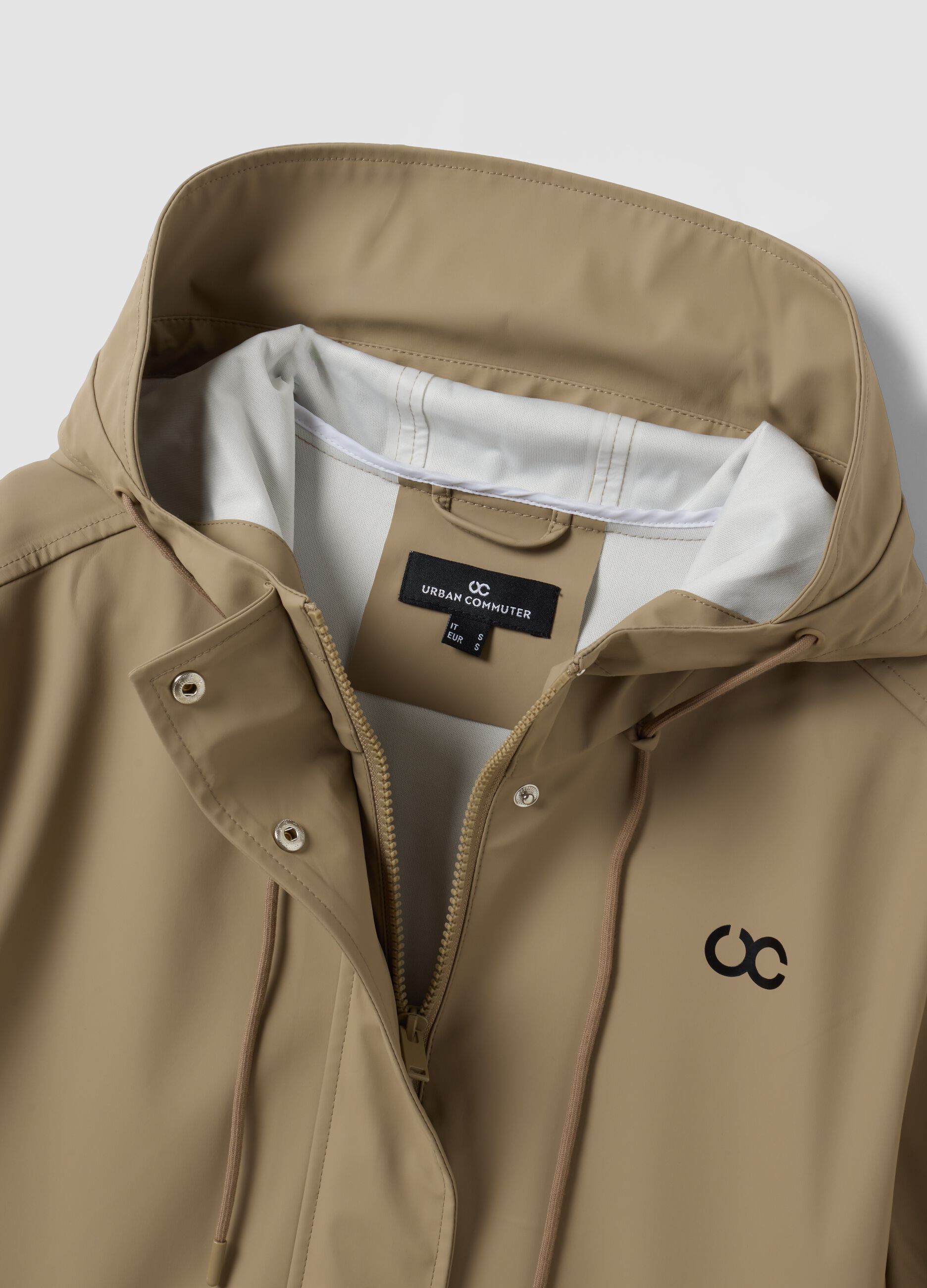 Beige long hooded jacket with zip