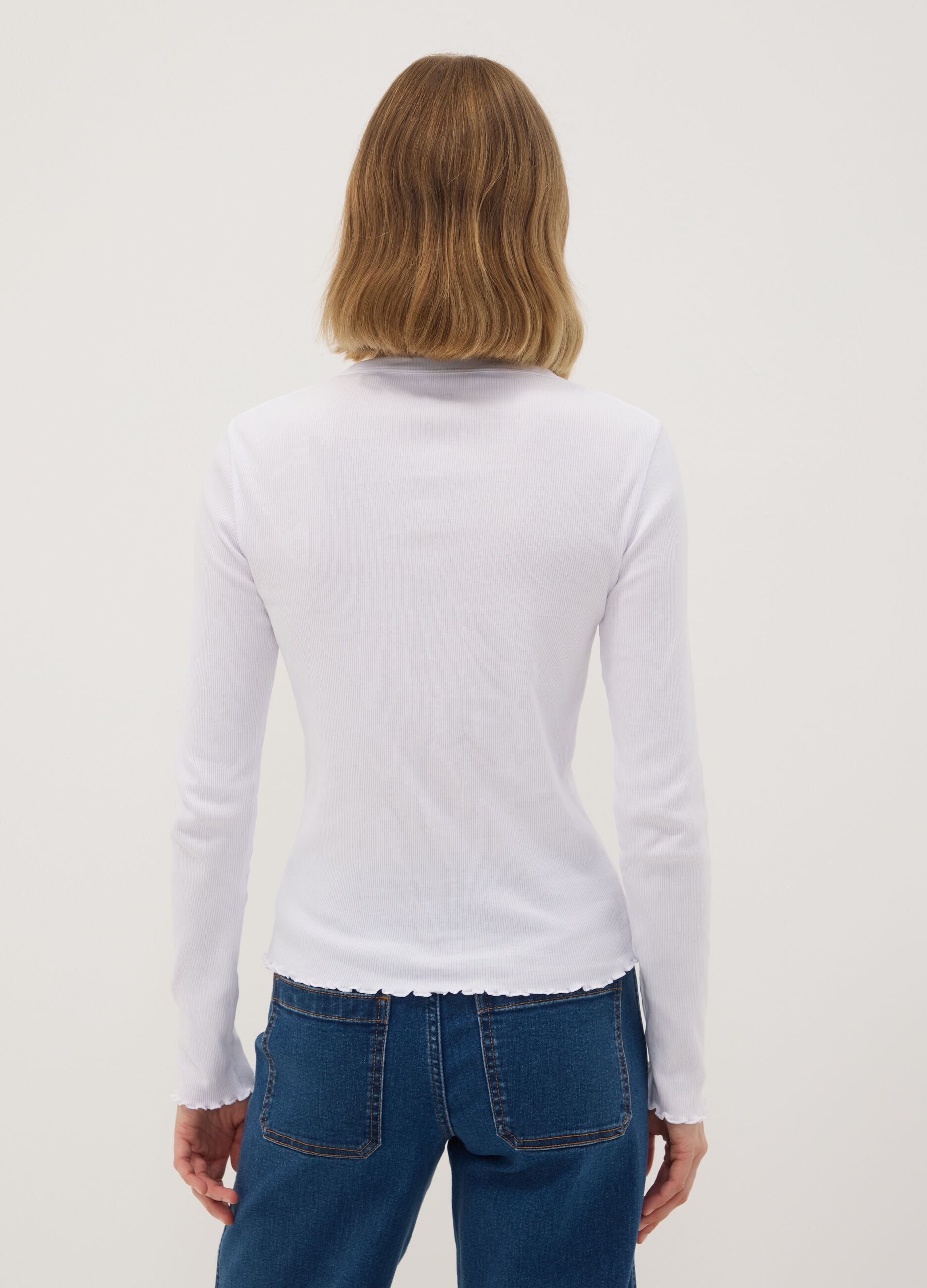 White pure cotton long-sleeve crew-neck T-shirt, regular fit