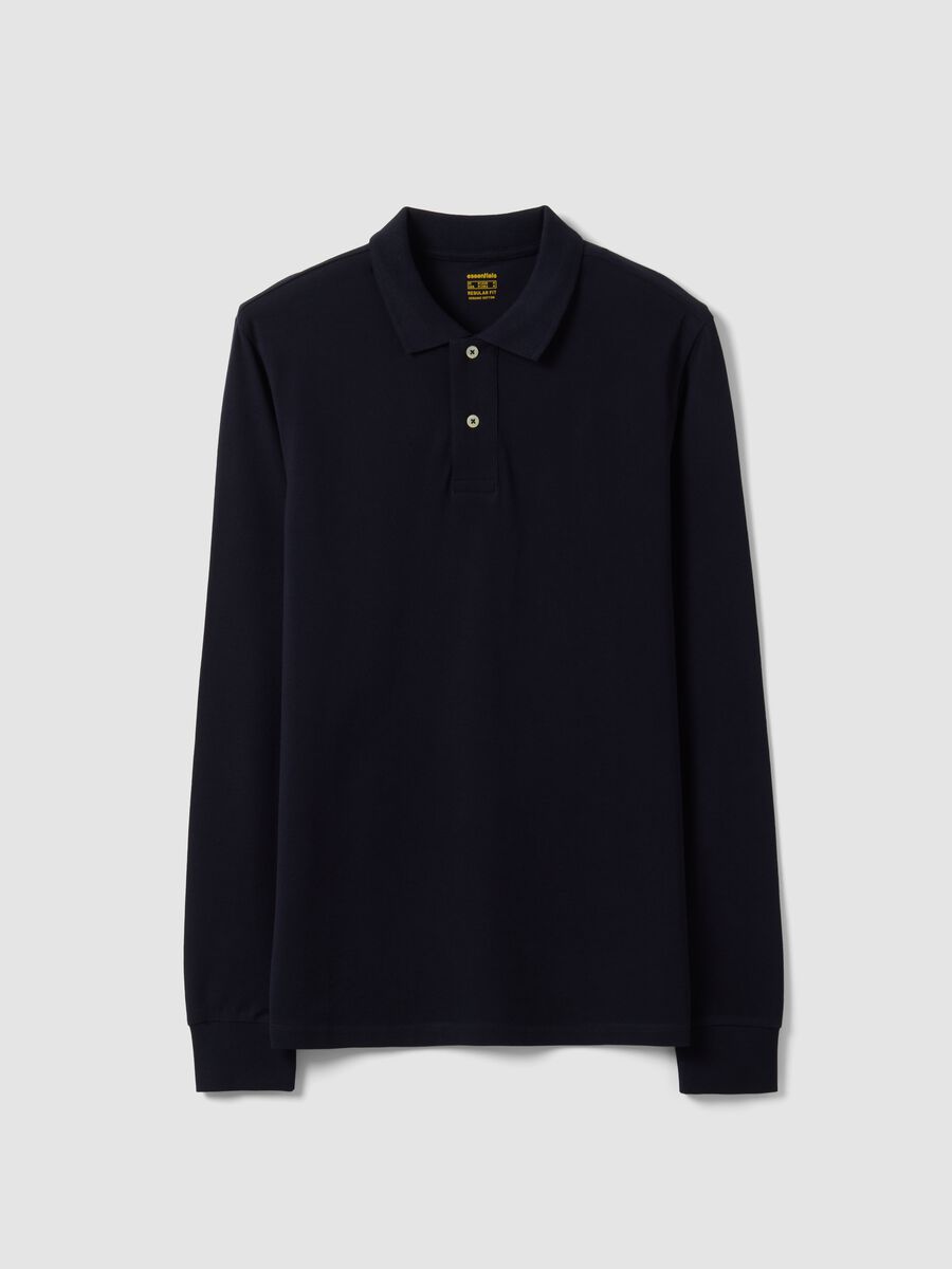 Blue long-sleeved regular-fit polo shirt in pure organic cotton piqu&eacute;_0