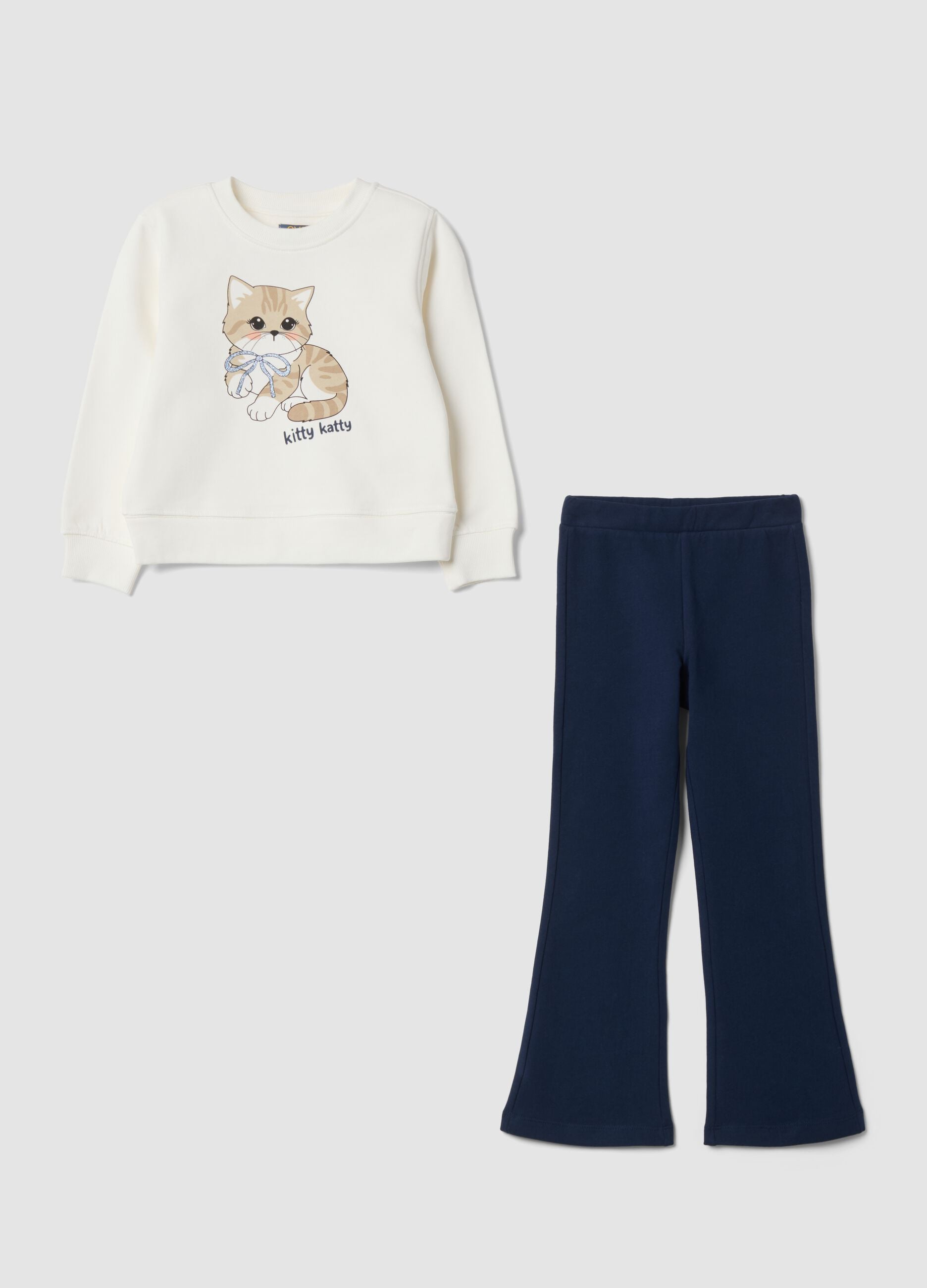 Completo jogging bianco in puro cotone con stampa gattino