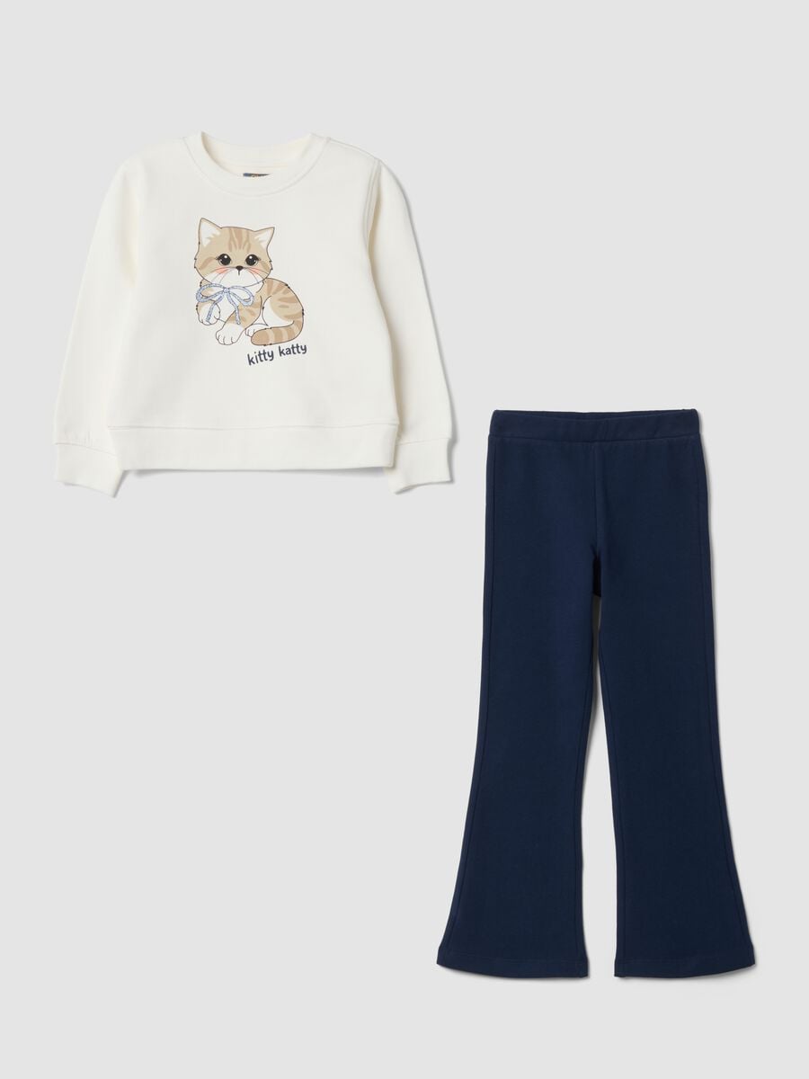 Completo jogging bianco in puro cotone con stampa gattino_0