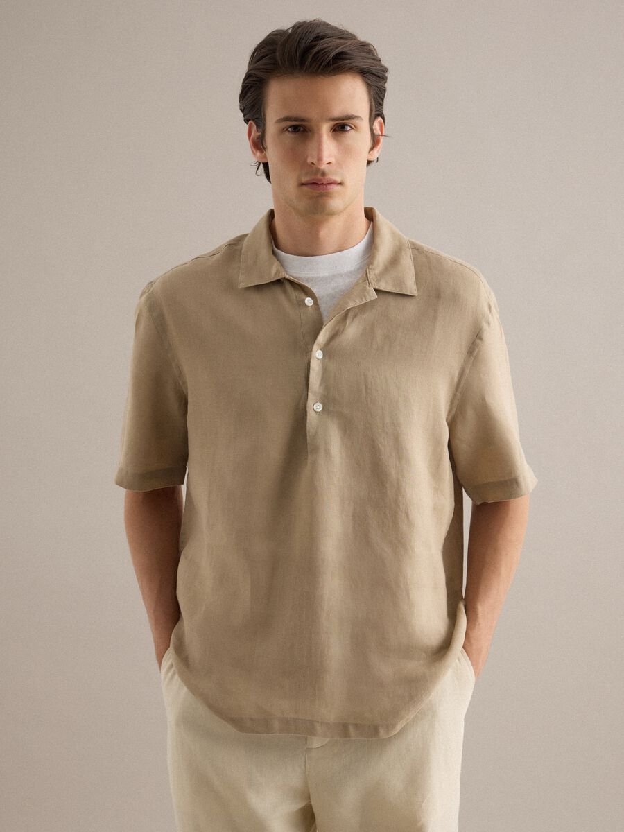 Beige pure linen regular fit shirt with bowling collar_1