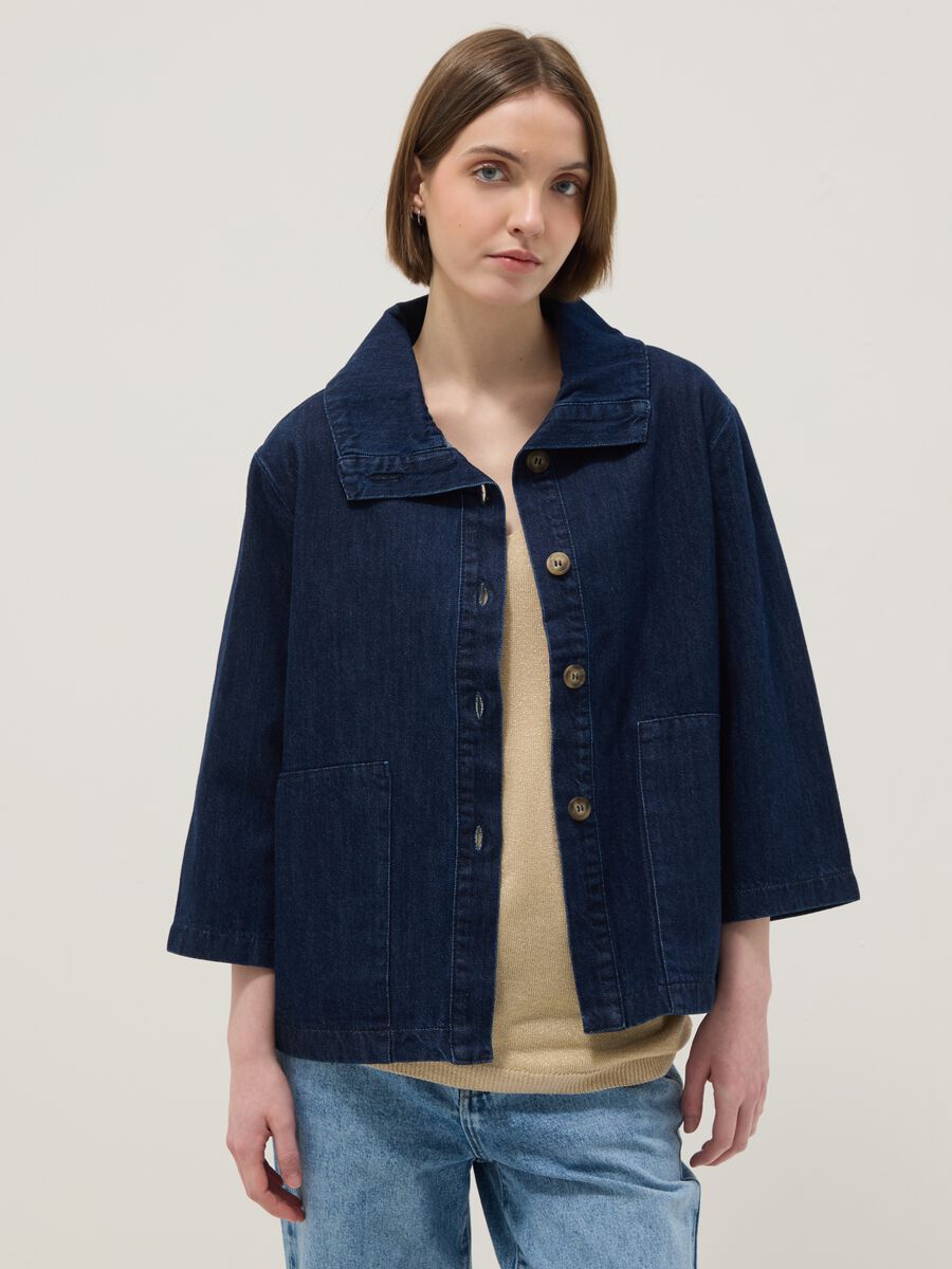 Regular fit blue denim cotton jacket with collar_0