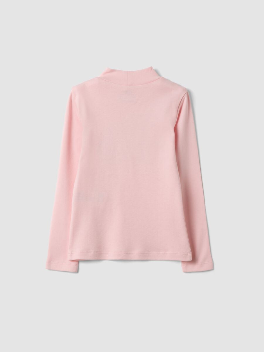 Pink organic cotton T-shirt with raised neck and animal print_1